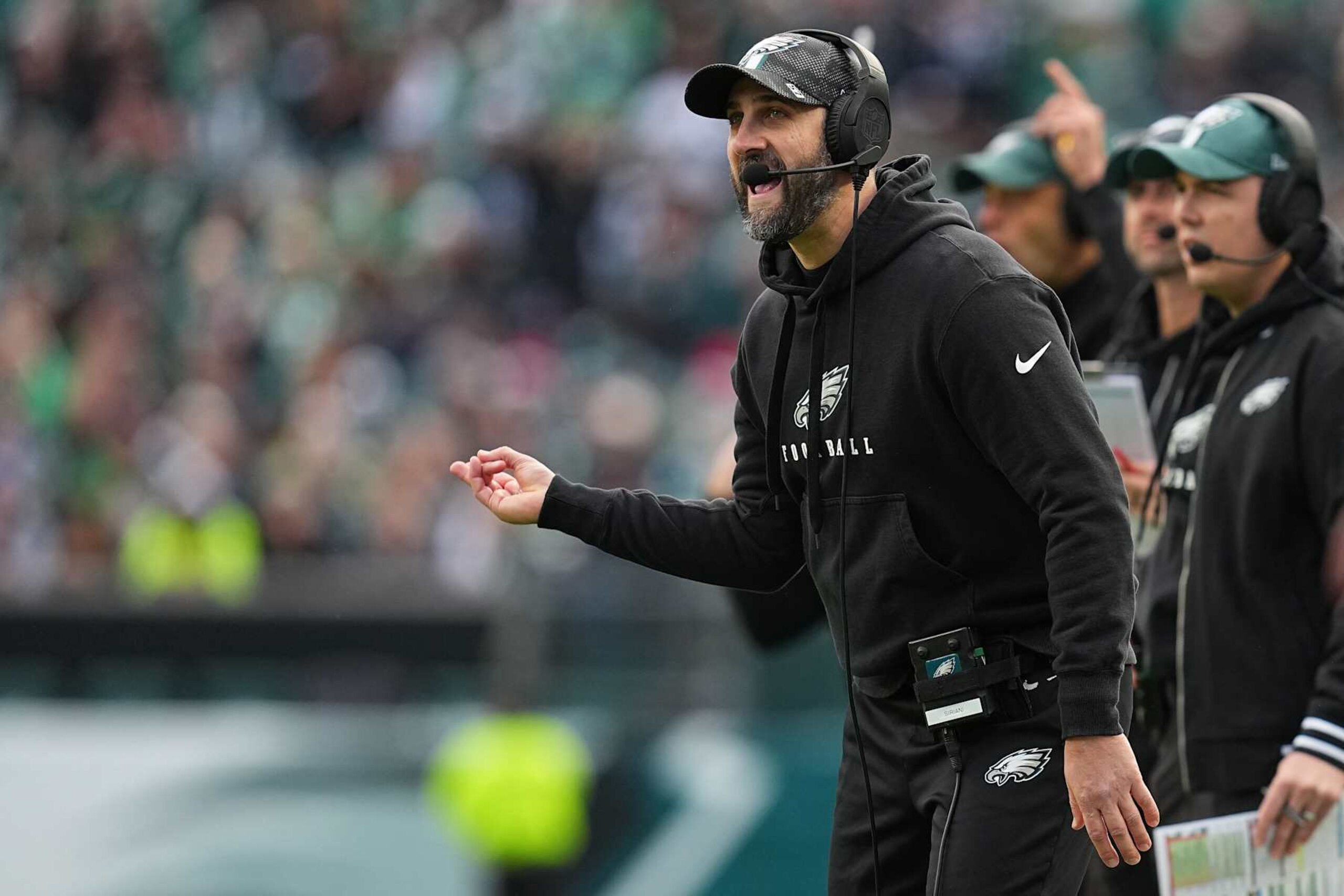 PHILADELPHIA, PENNSYLVANIA - DECEMBER 08: Head coach Nick Sirianni of the Philadelphia Eagles yells out to players during the second quarter of a game against the Carolina Panthers at Lincoln Financial Field on December 08, 2024 in Philadelphia, Pennsylvania. (Photo by Mitchell Leff/Getty Images)
