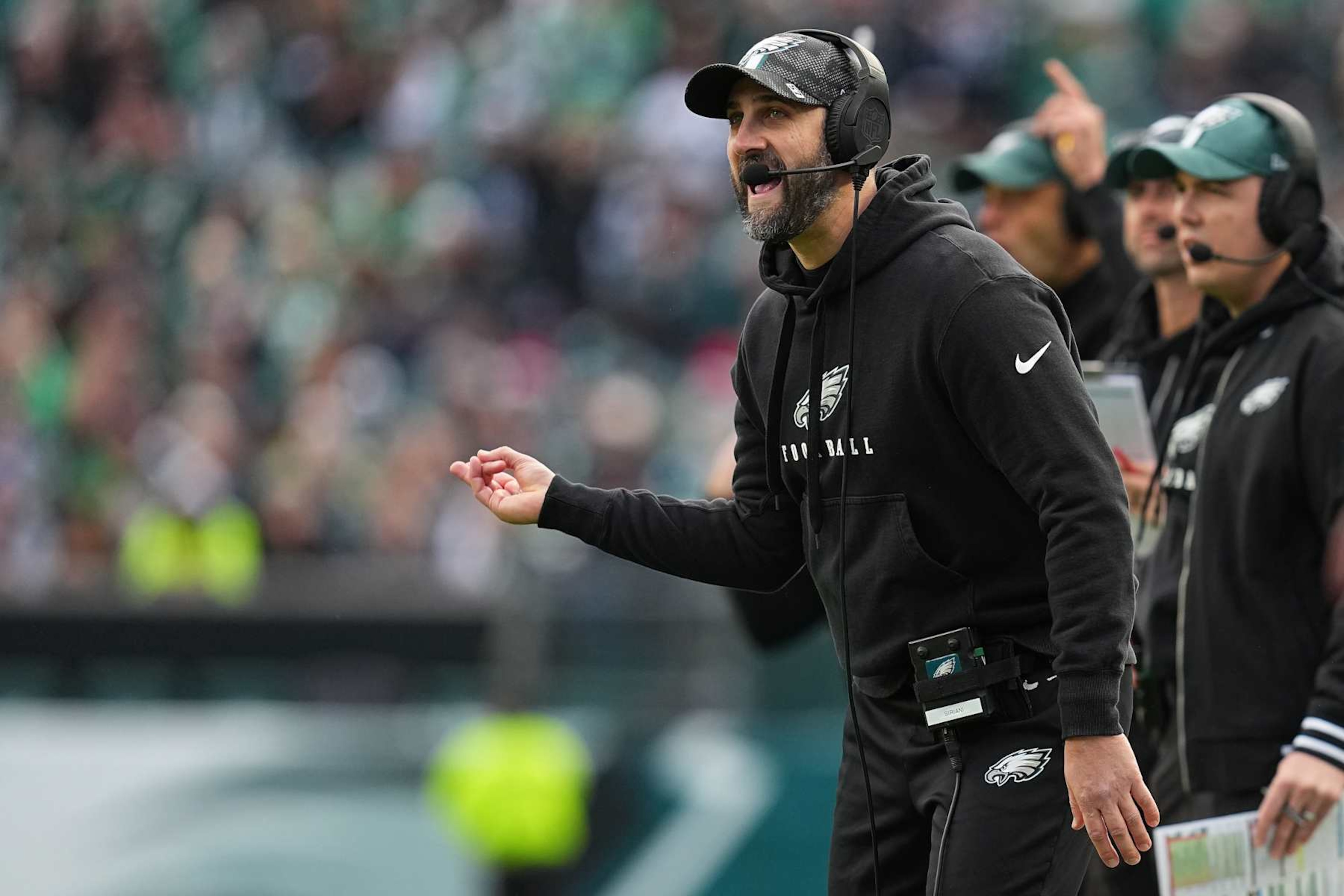 PHILADELPHIA, PENNSYLVANIA - DECEMBER 08: Head coach Nick Sirianni of the Philadelphia Eagles yells out to players during the second quarter of a game against the Carolina Panthers at Lincoln Financial Field on December 08, 2024 in Philadelphia, Pennsylvania. (Photo by Mitchell Leff/Getty Images)