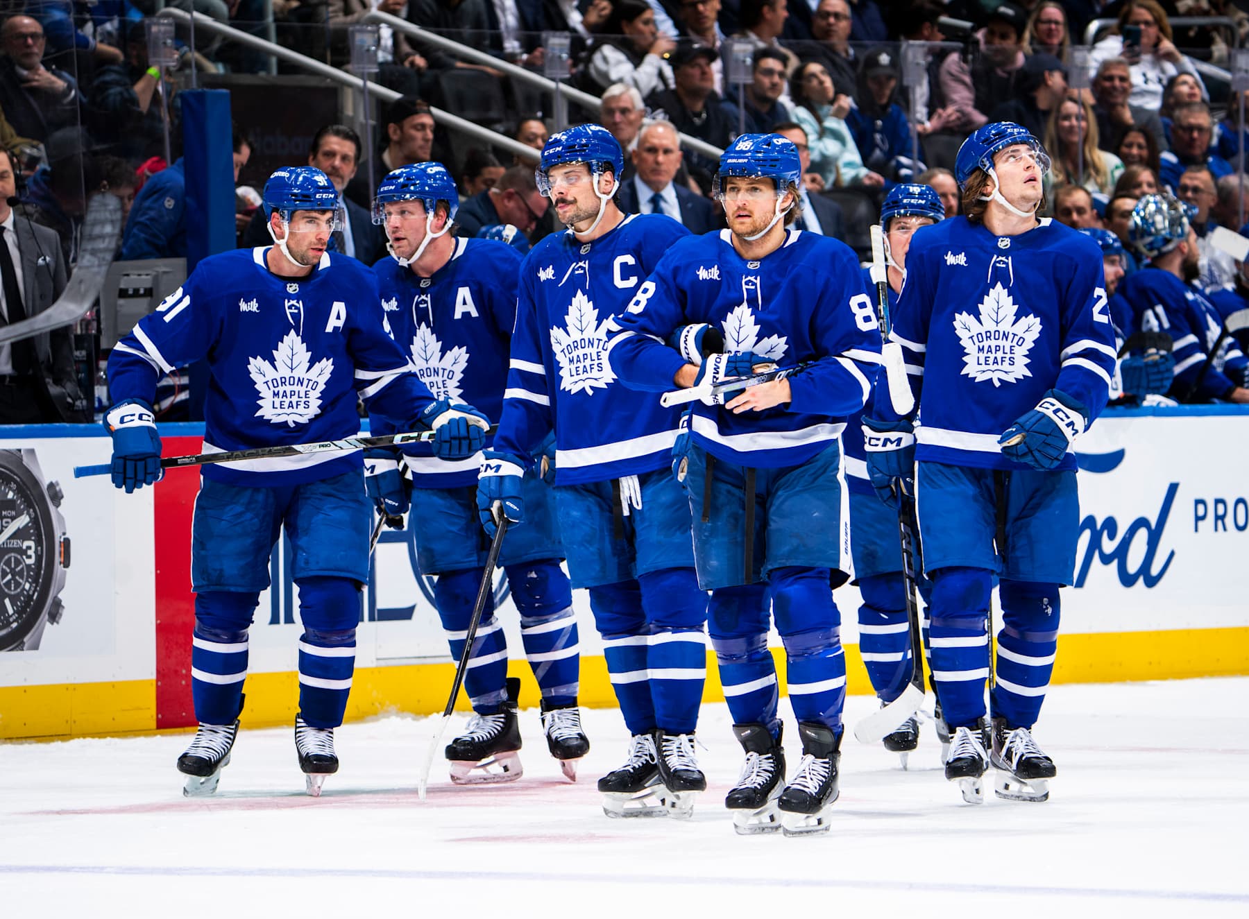 TORONTO, ON - DECEMBER 6: John Tavares #91, Morgan Rielly #44, William Nylander #88, Mitchell Marner #16, Matthew Knies #23 and Auston Matthews #34 of the Toronto Maple Leafs take the ice after a time out against the Washington Capitals during the third period at the Scotiabank Arena on December 6, 2024 in Toronto, Ontario, Canada. (Photo by Mark Blinch/NHLI via Getty Images)