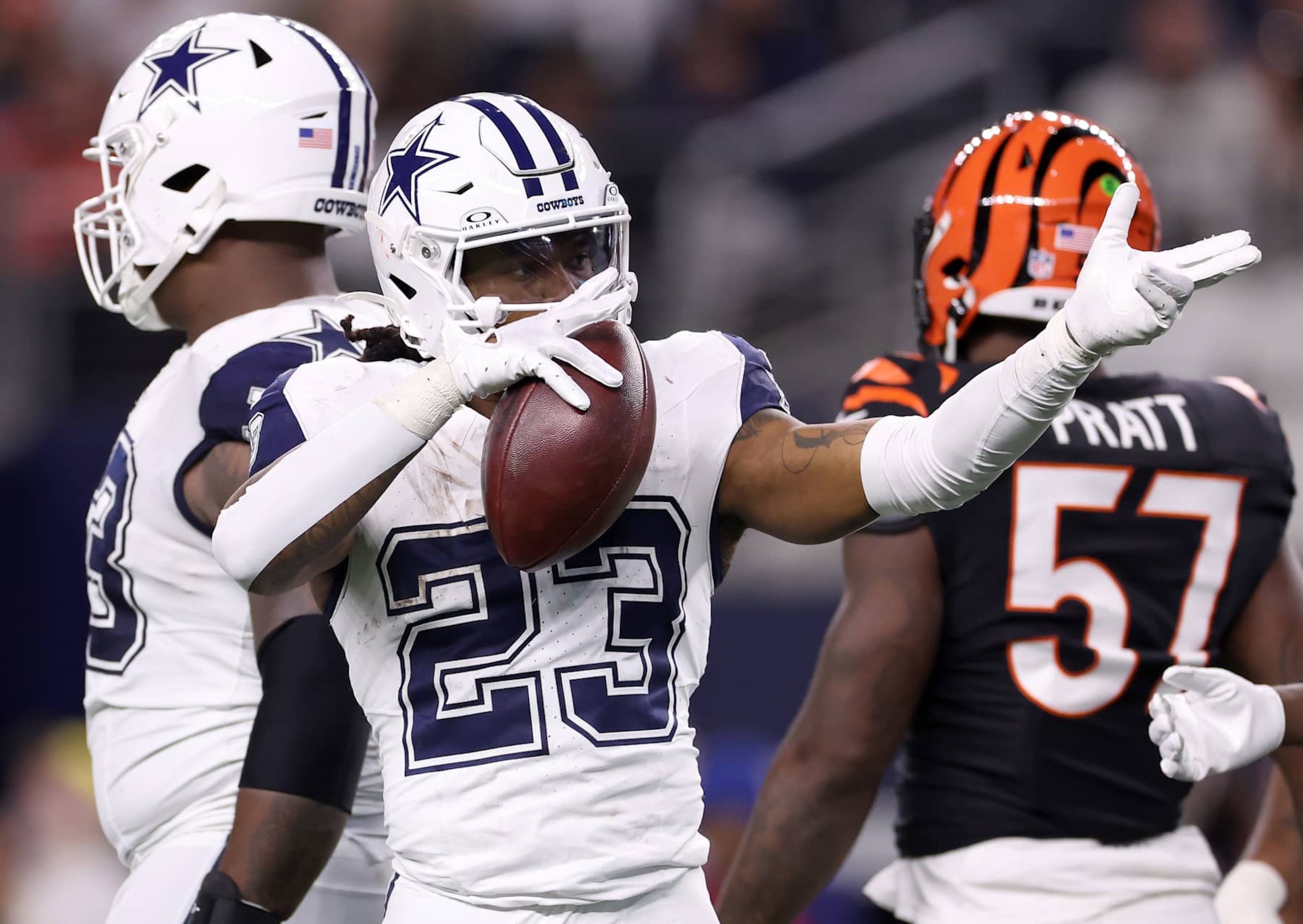ARLINGTON, TEXAS - DECEMBER 09: Rico Dowdle #23 of the Dallas Cowboys celebrates a first down against the Cincinnati Bengals during the second quarter in the game at AT&T Stadium on December 09, 2024 in Arlington, Texas. (Photo by Sam Hodde/Getty Images)