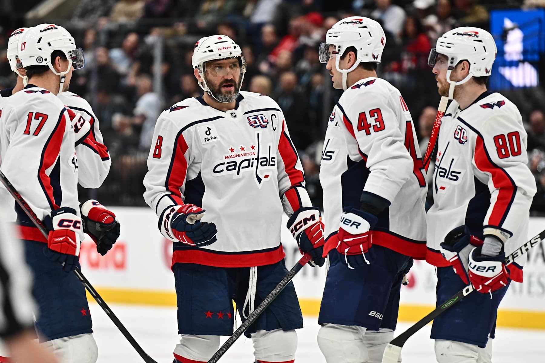SALT LAKE CITY, UTAH - NOVEMBER 18:  Alex Ovechkin #8 of the Washington Capitals talks with teammates during a game against the Utah Hockey Club on November 18, 2024 at Delta Center in Salt Lake City, Utah.  (Photo by Jamie Sabau/NHLI via Getty Images)