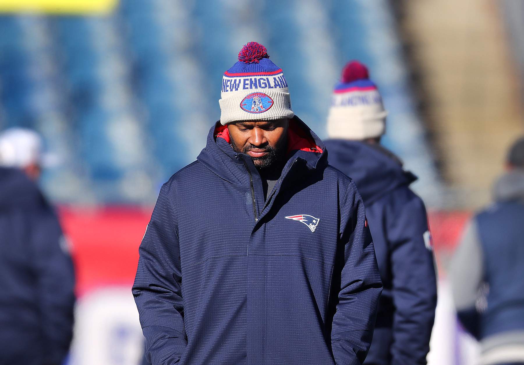 Foxborough, MA - December 3: New England Patriots head coach Jerod Mayo at practice. (Photo by John Tlumacki/The Boston Globe via Getty Images)