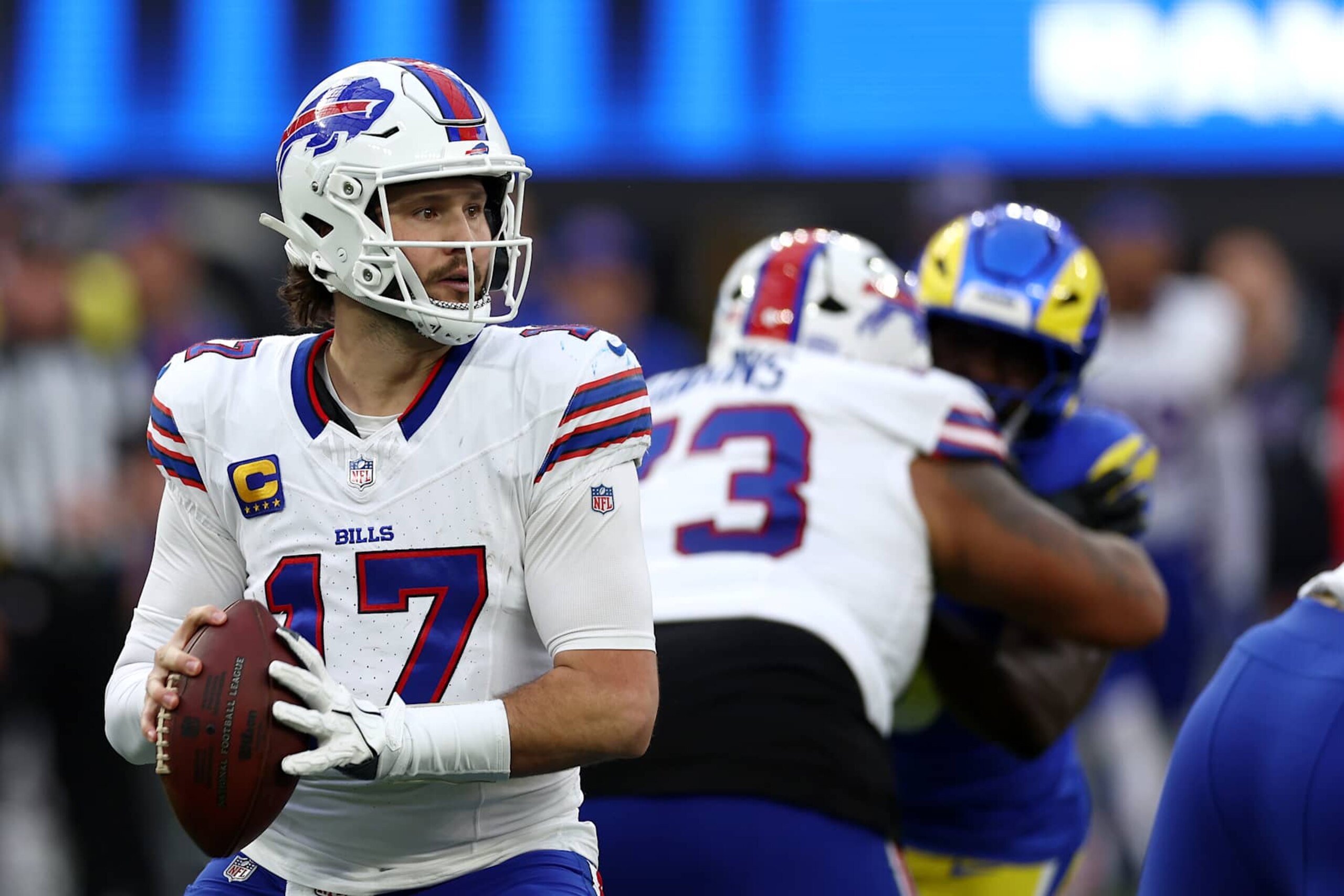 INGLEWOOD, CALIFORNIA - DECEMBER 08: Josh Allen #17 of the Buffalo Bills looks to pass the ball against the Los Angeles Rams during the second quarter at SoFi Stadium on December 08, 2024 in Inglewood, California. (Photo by Katelyn Mulcahy/Getty Images)