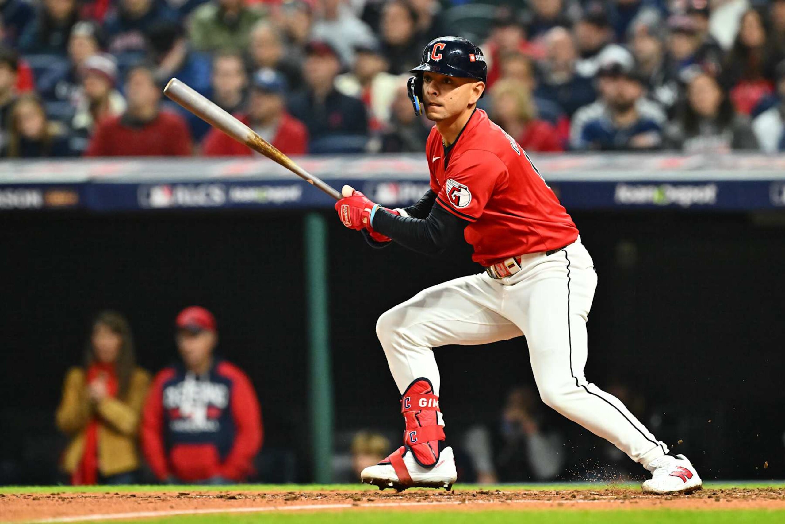 CLEVELAND, OHIO - OCTOBER 19: Andrés Giménez #0 of the Cleveland Guardians hits a double in the fifth inning against the New York Yankees during Game Five of the American League Championship Series at Progressive Field on October 19, 2024 in Cleveland, Ohio. (Photo by Jason Miller/Getty Images)
