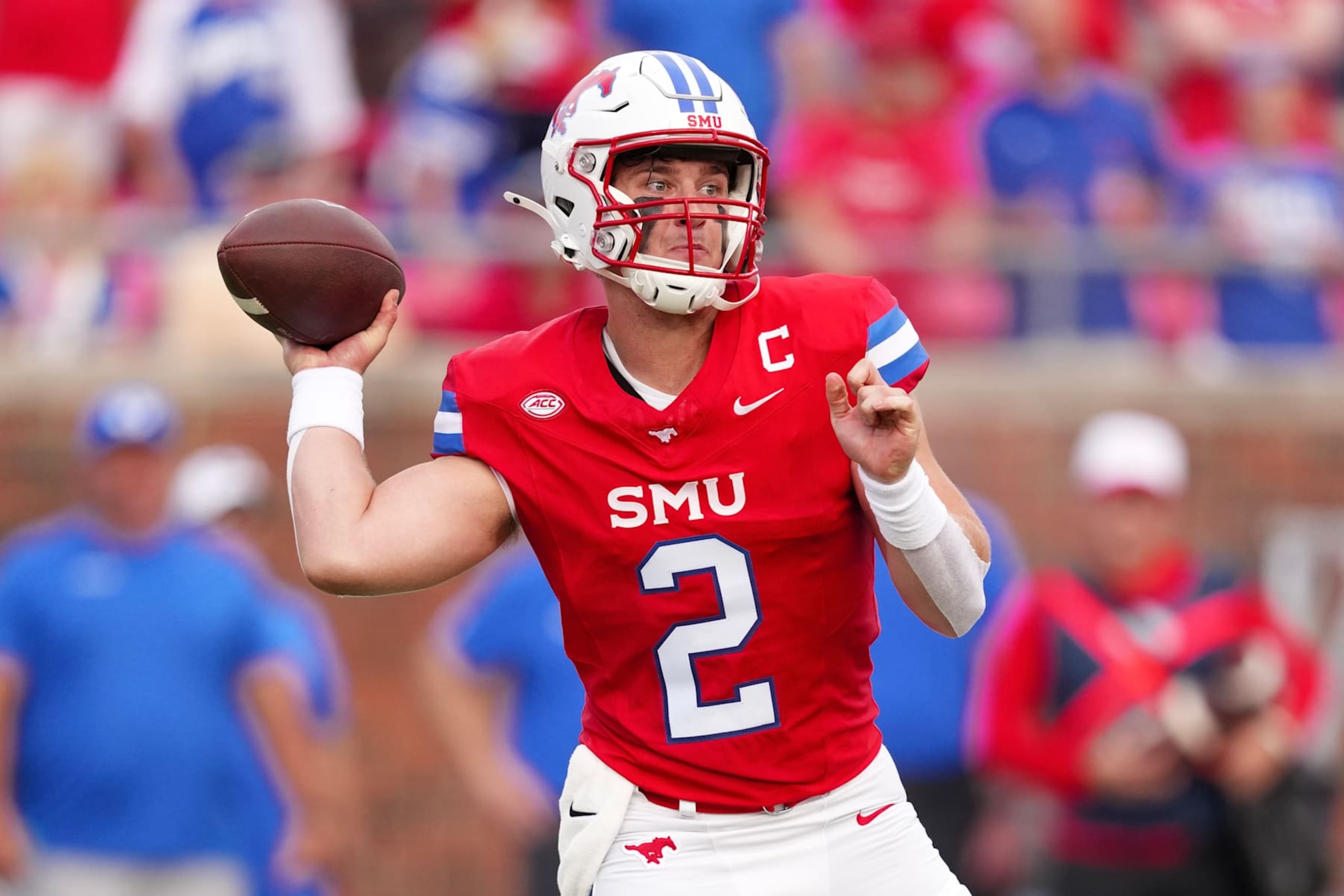DALLAS, TEXAS - SEPTEMBER 06: Preston Stone #2 of the Southern Methodist Mustangs looks to pass during the first half against the Brigham Young Cougars at Gerald J. Ford Stadium on September 06, 2024 in Dallas, Texas. (Photo by Sam Hodde/Getty Images)
