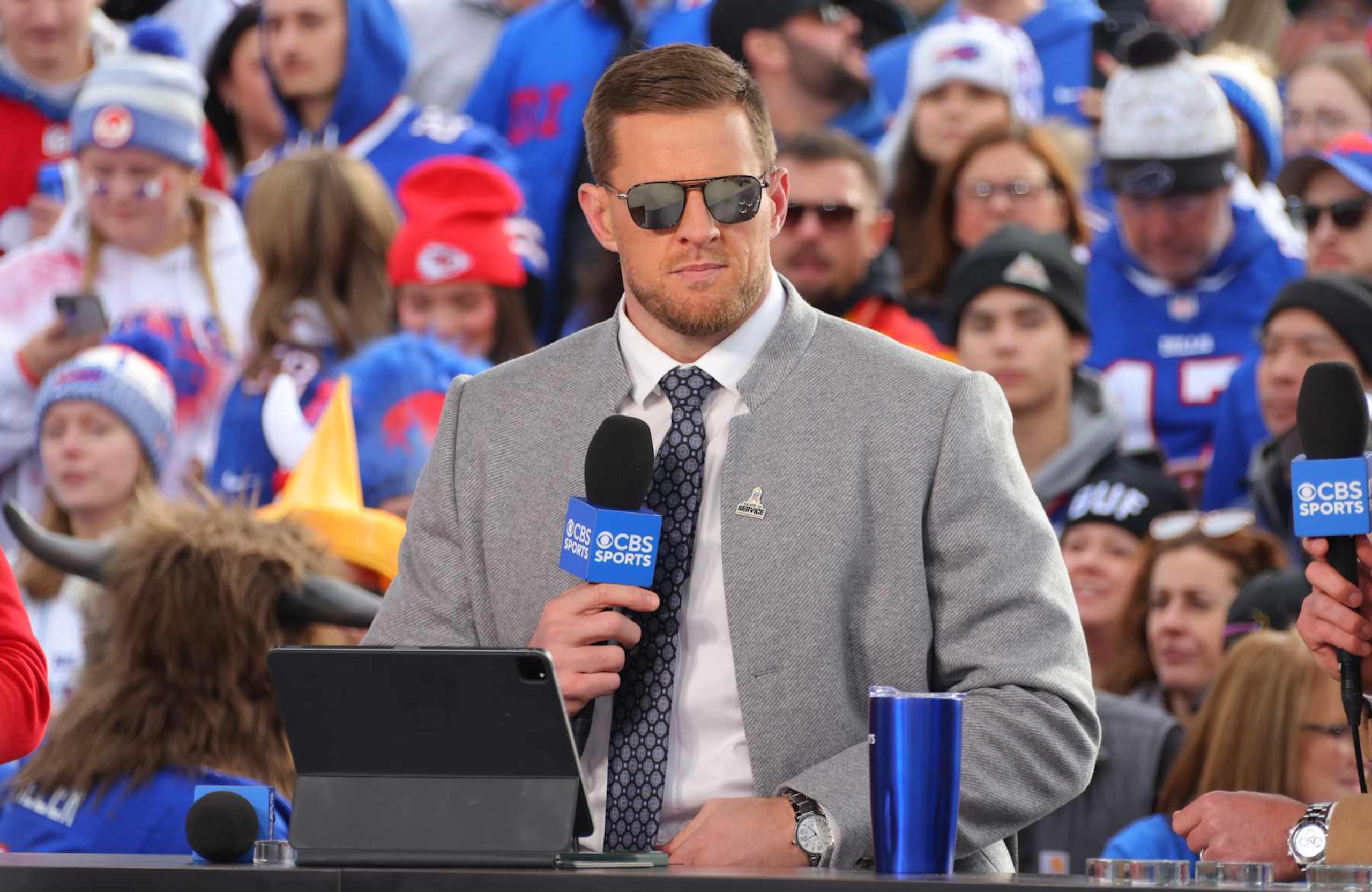 ORCHARD PARK, NEW YORK - NOVEMBER 17: CBS Sports analyst JJ Watt on air before a game between the Buffalo Bills and the Kansas City Chiefs at Highmark Stadium on November 17, 2024 in Orchard Park, New York. (Photo by Timothy T Ludwig/Getty Images)