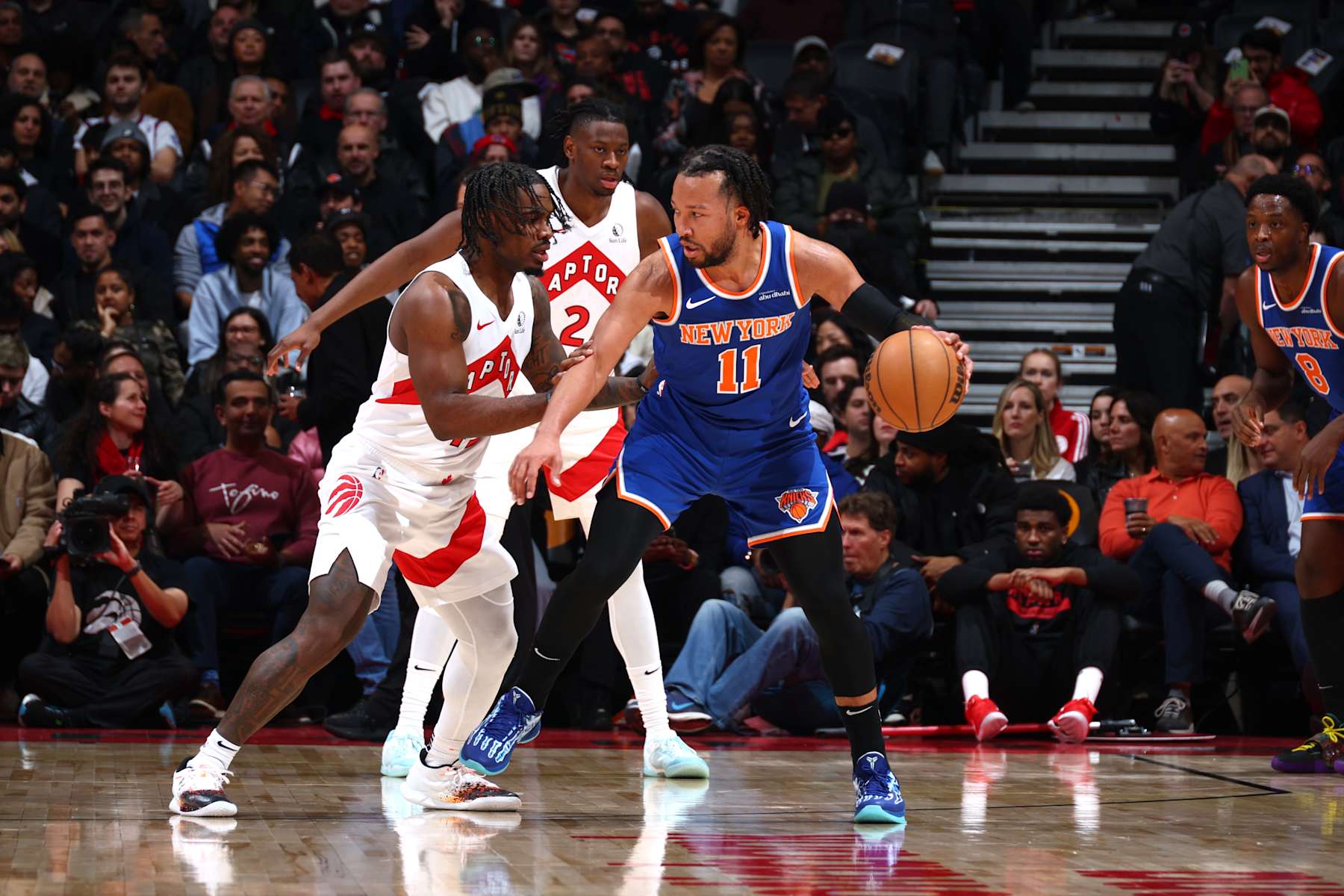 TORONTO, CANADA - DECEMBER 9: Jalen Brunson #11 of the New York Knicks handles the ball during the game against the Toronto Raptors on December 9, 2024 at the Scotiabank Arena in Toronto, Ontario, Canada.  NOTE TO USER: User expressly acknowledges and agrees that, by downloading and or using this Photograph, user is consenting to the terms and conditions of the Getty Images License Agreement.  Mandatory Copyright Notice: Copyright 2024 NBAE (Photo by Vaughn Ridley/NBAE via Getty Images)