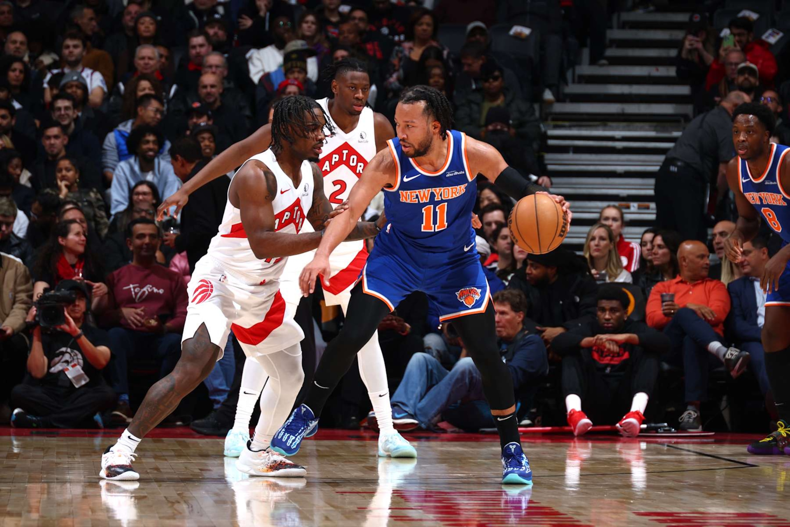 TORONTO, CANADA - DECEMBER 9: Jalen Brunson #11 of the New York Knicks handles the ball during the game against the Toronto Raptors on December 9, 2024 at the Scotiabank Arena in Toronto, Ontario, Canada.  NOTE TO USER: User expressly acknowledges and agrees that, by downloading and or using this Photograph, user is consenting to the terms and conditions of the Getty Images License Agreement.  Mandatory Copyright Notice: Copyright 2024 NBAE (Photo by Vaughn Ridley/NBAE via Getty Images)