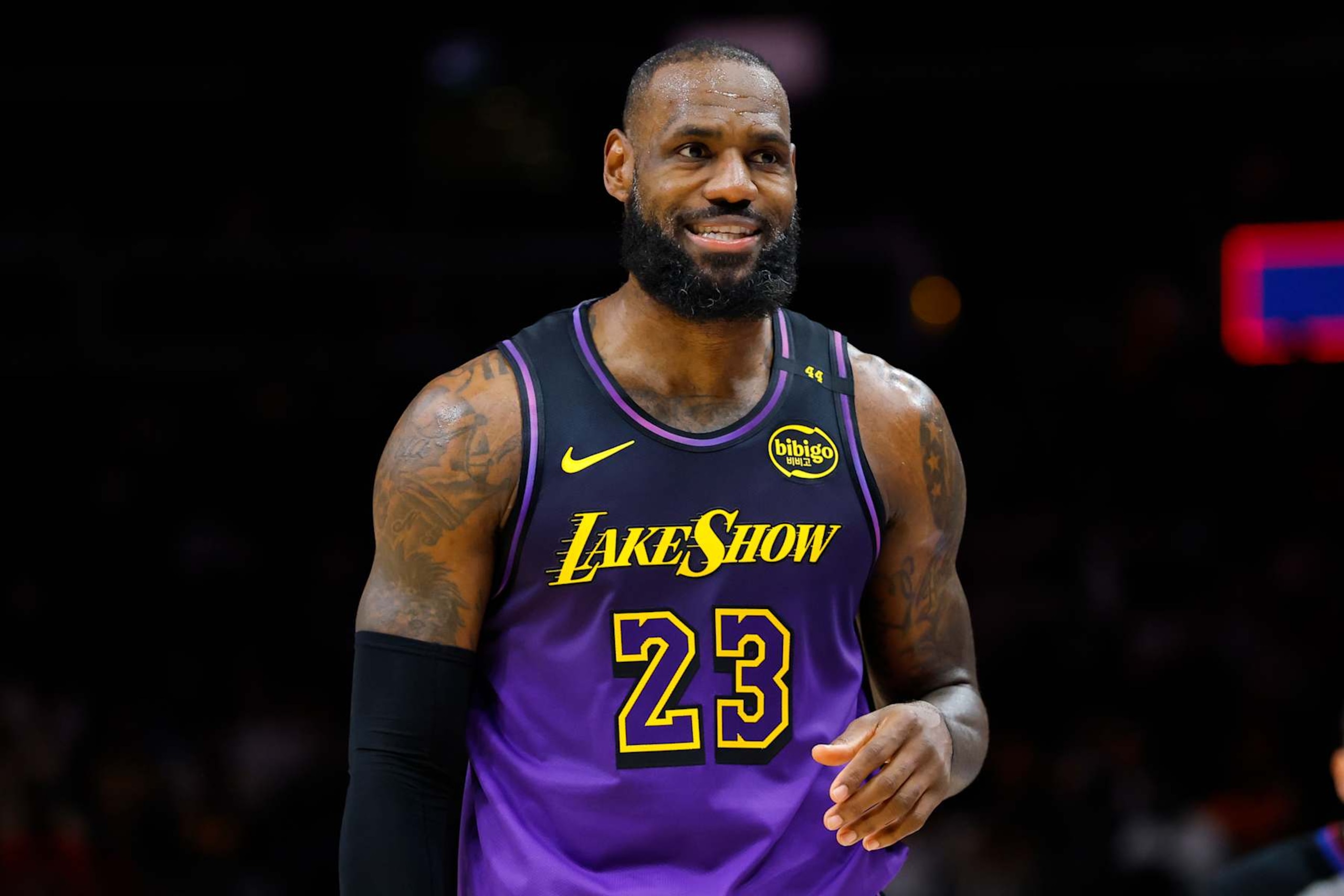 ATLANTA, GEORGIA - DECEMBER 6: LeBron James #23 of the Los Angeles Lakers reacts during the second quarter against the Atlanta Hawks at State Farm Arena on December 6, 2024 in Atlanta, Georgia. NOTE TO USER: User expressly acknowledges and agrees that, by downloading and or using this photograph, User is consenting to the terms and conditions of the Getty Images License Agreement. (Photo by Todd Kirkland/Getty Images)