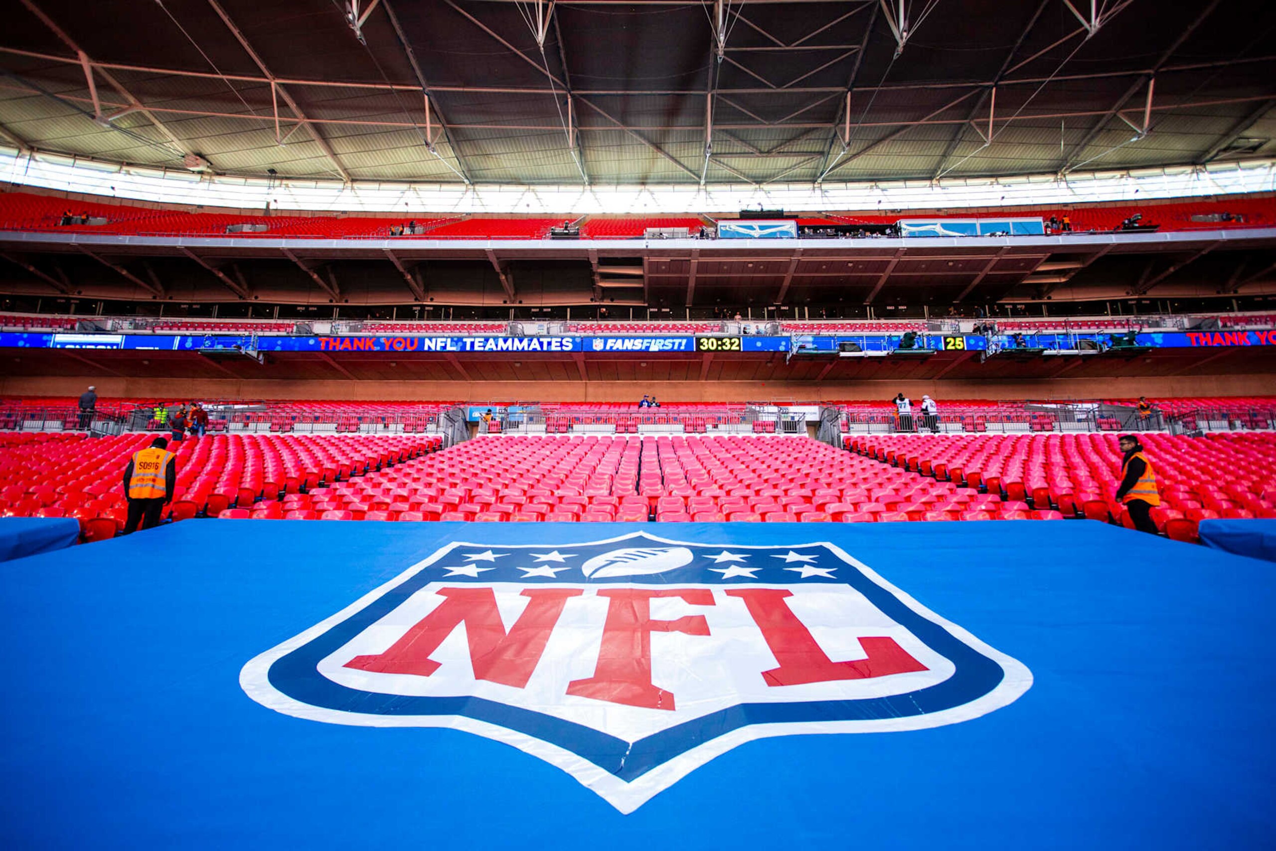 LONDON, ENG - OCTOBER 21:  The NFL logo awaits the crowds before the doors open to fans at the NFL game between the Tennessee Titans and the Los Angeles Chargers on October 21, 2018 at Wembley Stadium, London, England. (Photo by Martin Leitch/Icon Sportswire via Getty Images)