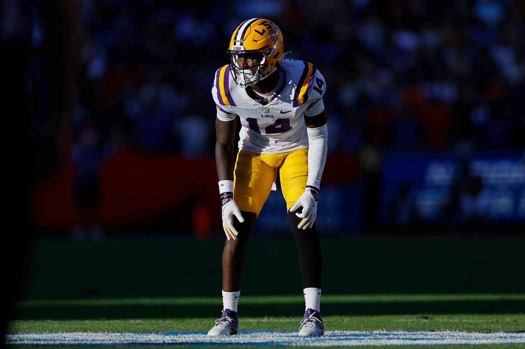 GAINESVILLE, FL - NOVEMBER 16: LSU Tigers cornerback Zy Alexander (14) lines up for a play during the game between the LSU Tigers and the Florida Gators on November 16, 2024 at Ben Hill Griffin Stadium at Florida Field in Gainesville, Fl. (Photo by David Rosenblum/Icon Sportswire via Getty Images)