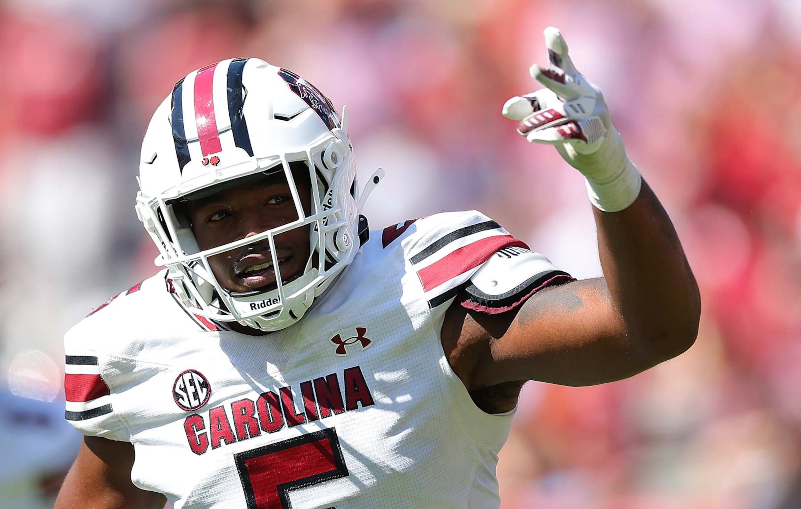 TUSCALOOSA, ALABAMA - OCTOBER 12:  Kyle Kennard #5 of the South Carolina Gamecocks reacts after sacking Jalen Milroe #4 of the Alabama Crimson Tide for a safety during the second quarter at Bryant-Denny Stadium on October 12, 2024 in Tuscaloosa, Alabama. (Photo by Kevin C. Cox/Getty Images)