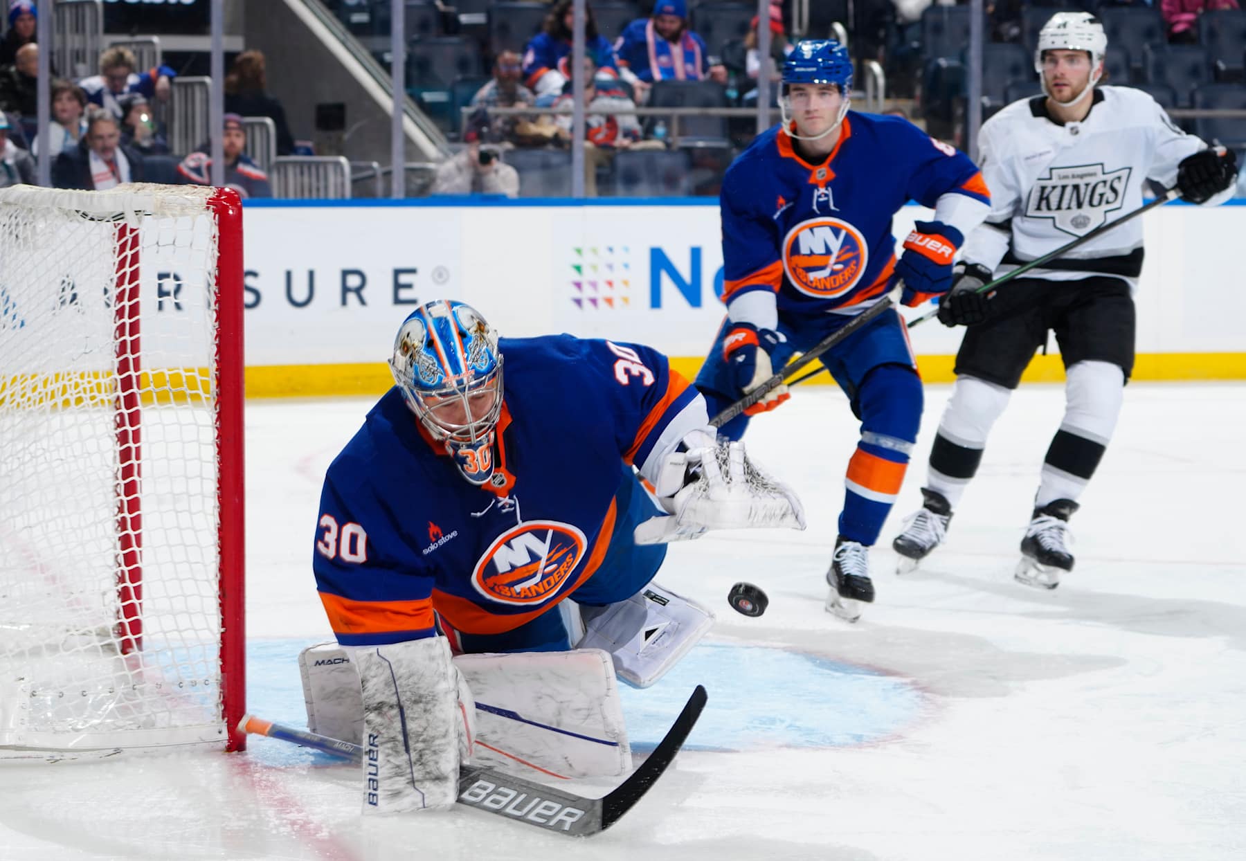 ELMONT, NEW YORK - DECEMBER 10:  Ilya Sorokin #30 of the New York Islanders makes a save against against the Los Angeles Kings during the second period at UBS Arena on December 10, 2024 in Elmont, New York. (Photo by Mike Stobe/NHLI via Getty Images)
