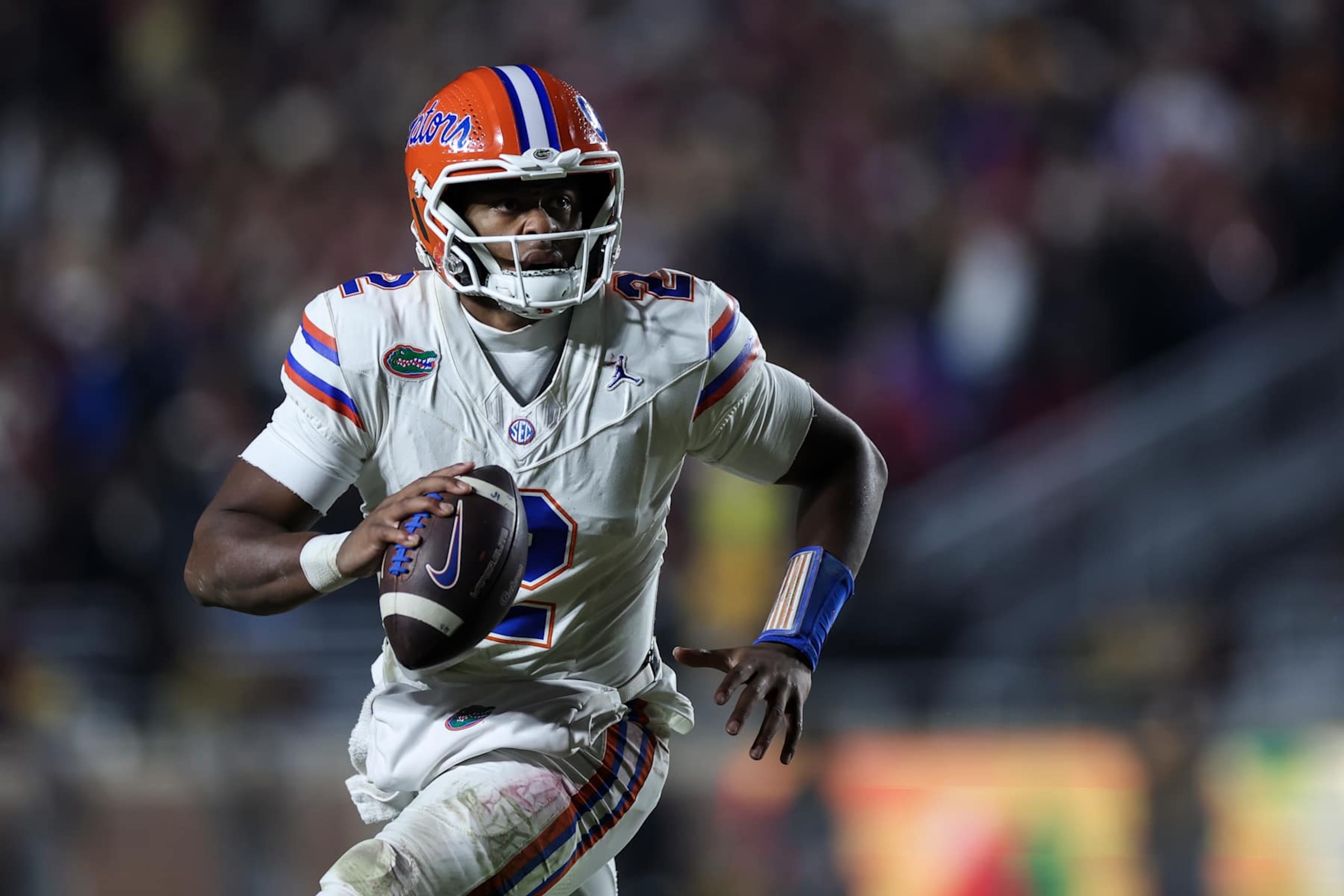 TALLAHASSEE, FLORIDA - NOVEMBER 30: DJ Lagway #2 of the Florida Gators looks to pass during the second half of a game against the Florida State Seminoles at Doak Campbell Stadium on November 30, 2024 in Tallahassee, Florida. (Photo by James Gilbert/Getty Images)