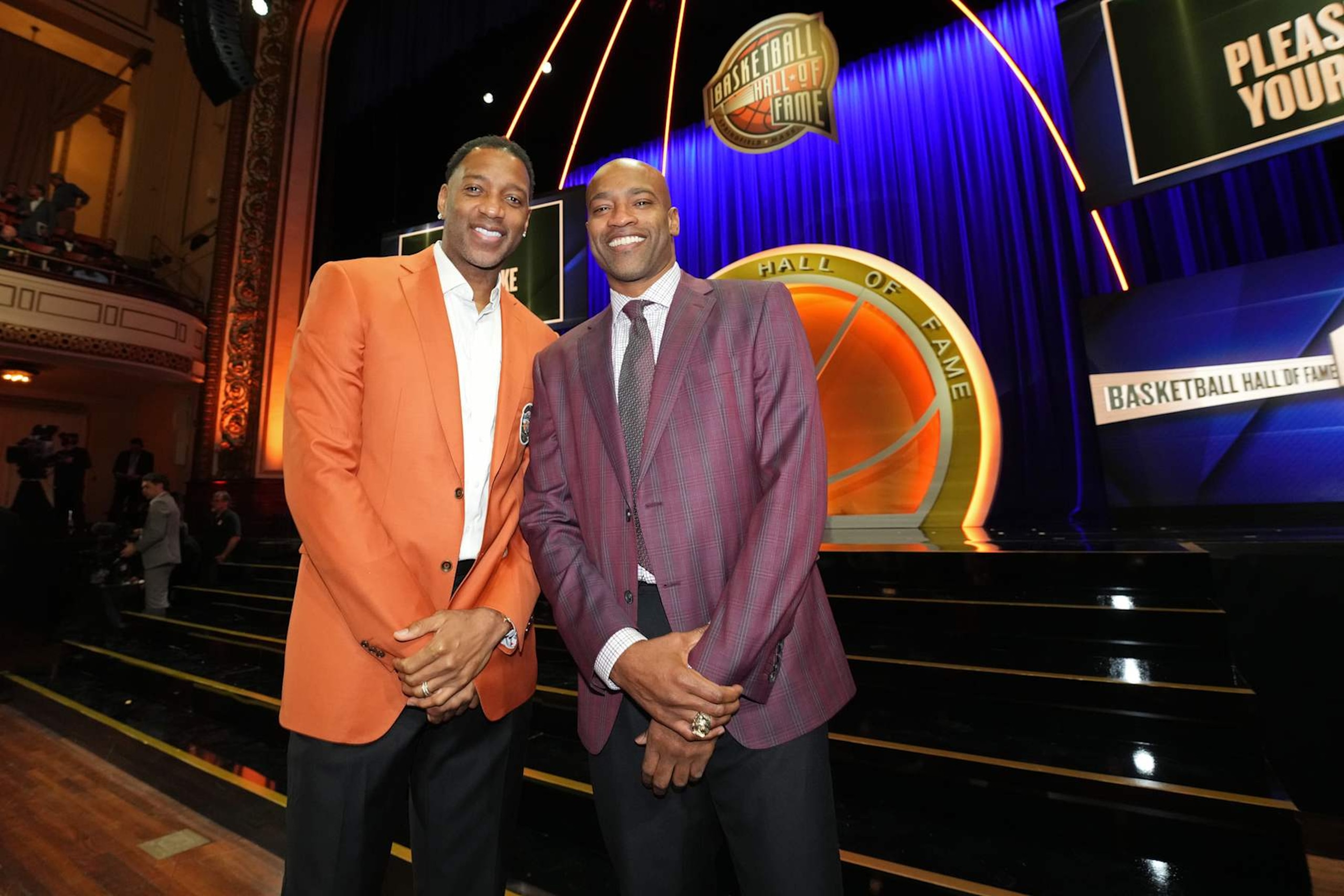 SPRINGFIELD,MA - OCTOBER 13: Tracy McGrady and Vince Carter pose for a photo during the 2024 Basketball Hall of Fame Enshrinement Ceremony on October 13, 2024 at Symphony Hall in Springfield, Massachusetts. NOTE TO USER: User expressly acknowledges and agrees that, by downloading and/or using this photograph, user is consenting to the terms and conditions of the Getty Images License Agreement. Mandatory Copyright Notice: Copyright 2024 NBAE (Photo by Jesse D. Garrabrant/NBAE via Getty Images) SPRINGFIELD,MA - OCTOBER 13: Tracy McGrady and Vince Carter pose for a photo during the 2024 Basketball Hall of Fame Enshrinement Ceremony on October 13, 2024 at Symphony Hall in Springfield, Massachusetts. NOTE TO USER: User expressly acknowledges and agrees that, by downloading and/or using this photograph, user is consenting to the terms and conditions of the Getty Images License Agreement. Mandatory Copyright Notice: Copyright 2024 NBAE (Photo by Jesse D. Garrabrant/NBAE via Getty Images)