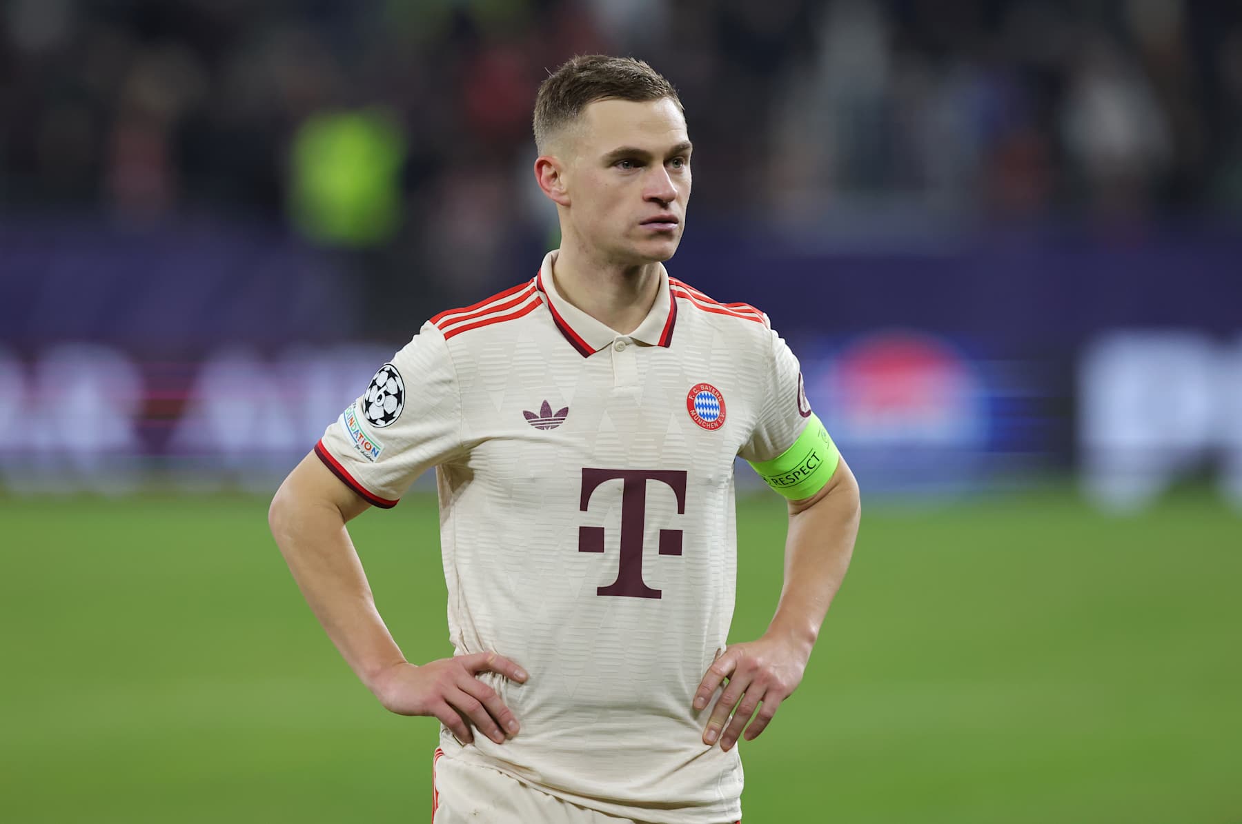 GELSENKIRCHEN, GERMANY - DECEMBER 10: Joshua Kimmich of FC Bayern München looks on after the UEFA Champions League 2024/25 League Phase MD6 match between FC Shakhtar Donetsk and FC Bayern München at Arena AufSchalke on December 10, 2024 in Gelsenkirchen, Germany. (Photo by Sebastian El-Saqqa - firo sportphoto/Getty Images)