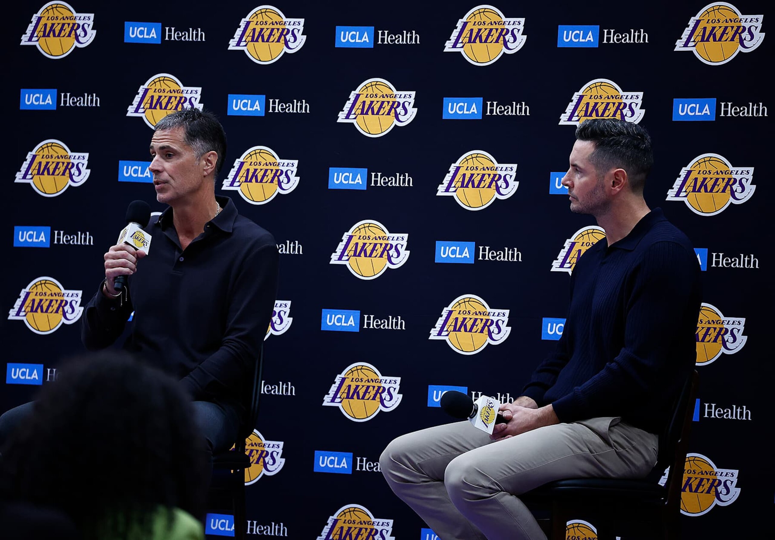 EL SEGUNDO, CALIFORNIA - SEPTEMBER 25: General Manager Rob Pelinka of the Los Angeles Lakers speaks with the media during a press conference at UCLA Health Training Center on September 25, 2024 in El Segundo, California.  NOTE TO USER: User expressly acknowledges and agrees that, by downloading and or using this photograph, User is consenting to the terms and conditions of the Getty Images License Agreement. (Photo by Ronald Martinez/Getty Images)