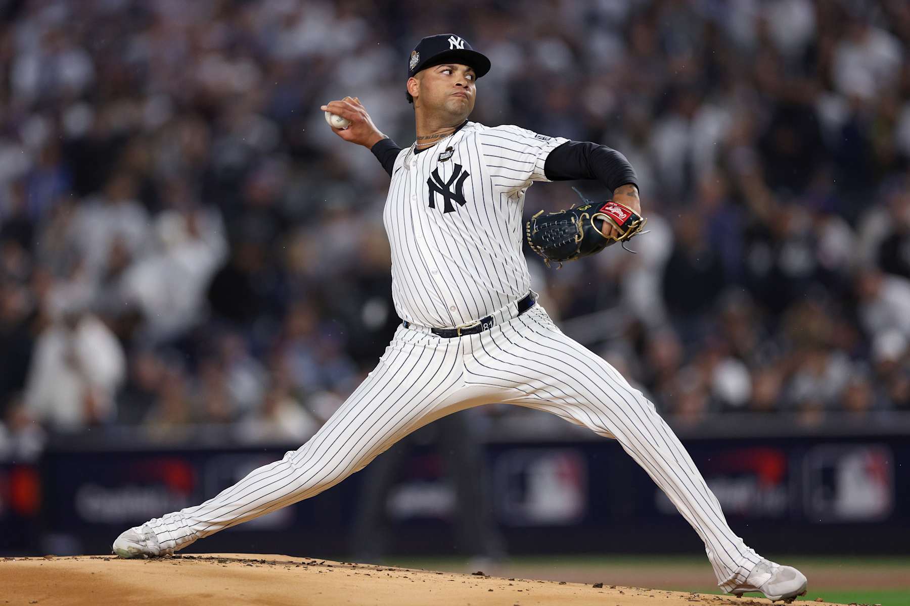 NEW YORK, NEW YORK - OCTOBER 29:  Starting pitcher Luis Gil #81 of the New York Yankees pitches during the first inning of Game Four of the 2024 World Series against the Los Angeles Dodgers at Yankee Stadium on October 29, 2024 in the Bronx borough of New York City. (Photo by Elsa/Getty Images)