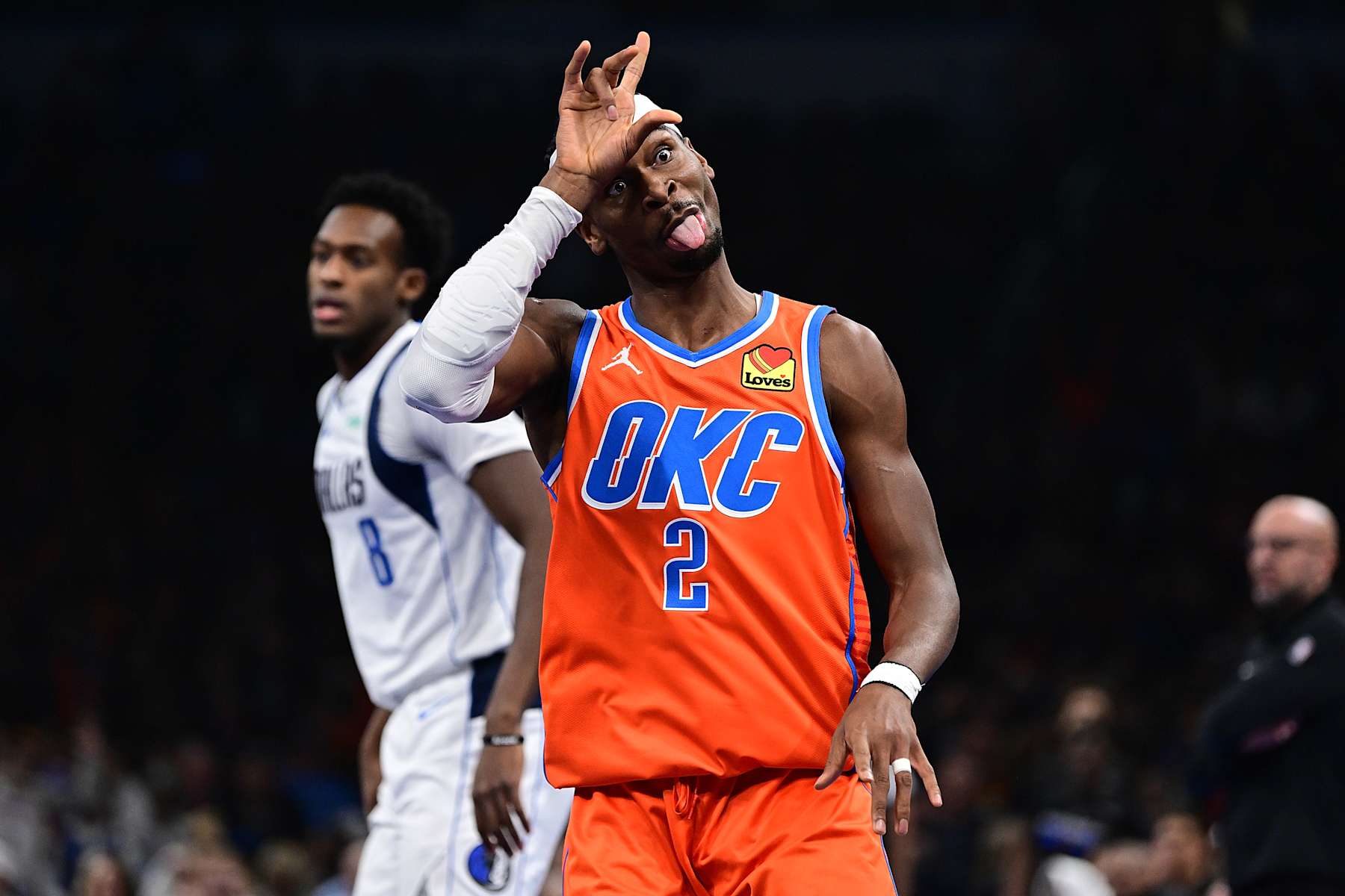 OKLAHOMA CITY, OKLAHOMA - DECEMBER 10: Shai Gilgeous-Alexander #2 of the Oklahoma City Thunder celebrates a made basket during the first half against the Dallas Mavericks at Paycom Center on December 10, 2024 in Oklahoma City, Oklahoma. NOTE TO USER: User expressly acknowledges and agrees that, by downloading and or using this photograph, User is consenting to the terms and conditions of the Getty Images License Agreement. (Photo by Joshua Gateley/Getty Images)
