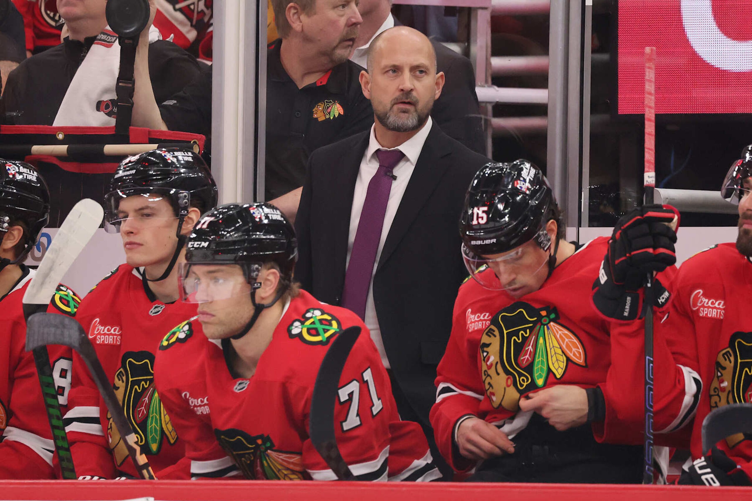 CHICAGO, ILLINOIS - DECEMBER 07: Interim head coach Anders Sorensen of the Chicago Blackhawks looks on against the Winnipeg Jets during the first period at the United Center on December 07, 2024 in Chicago, Illinois. (Photo by Michael Reaves/Getty Images) CHICAGO, ILLINOIS - DECEMBER 07: Interim head coach Anders Sorensen of the Chicago Blackhawks looks on against the Winnipeg Jets during the first period at the United Center on December 07, 2024 in Chicago, Illinois. (Photo by Michael Reaves/Getty Images)