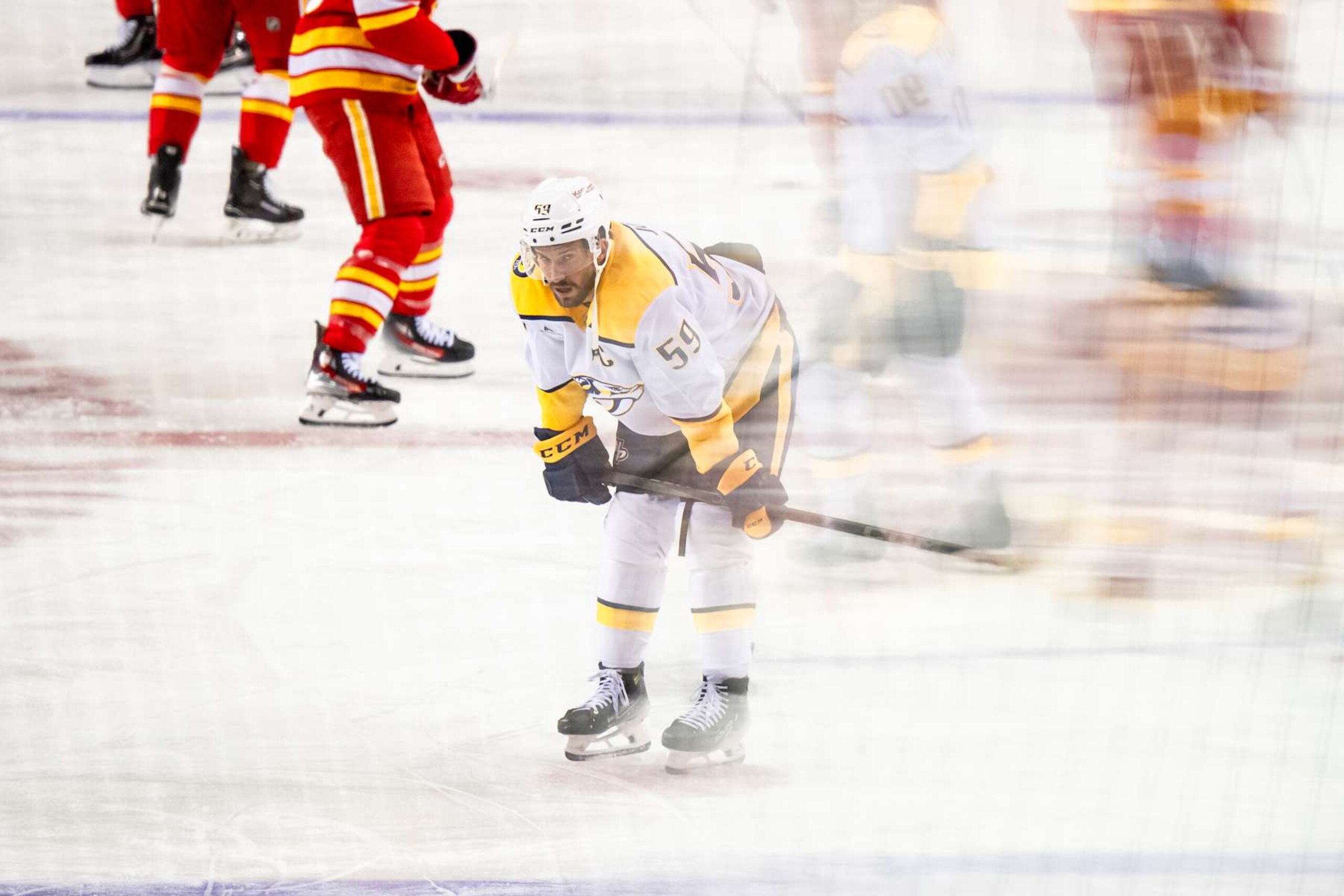 CALGARY, AB - NOVEMBER 15: Nashville Predators defenseman Roman Josi (59) warms up before an NHL game between the Calgary Flames and the Nashville Predators on November 15, 2024, at the Scotiabank Saddledome in Calgary, AB. (Photo by Brett Holmes/Icon Sportswire via Getty Images) CALGARY, AB - NOVEMBER 15: Nashville Predators defenseman Roman Josi (59) warms up before an NHL game between the Calgary Flames and the Nashville Predators on November 15, 2024, at the Scotiabank Saddledome in Calgary, AB. (Photo by Brett Holmes/Icon Sportswire via Getty Images)