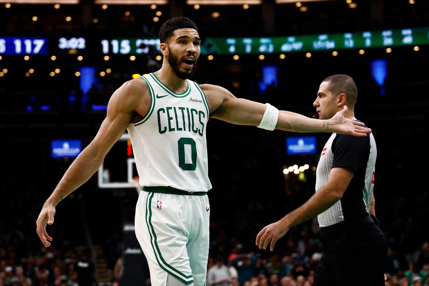 BOSTON, MA - DECEMBER 7: Jayson Tatum #0 of the Boston Celtics gestures towards an official during the second half against the Memphis Grizzlies at TD Garden on December 7, 2024 in Boston, Massachusetts. NOTE TO USER: User expressly acknowledges and agrees that, by downloading and/or using this Photograph, user is consenting to the terms and conditions of the Getty Images License Agreement. (Photo By Winslow Townson/Getty Images)