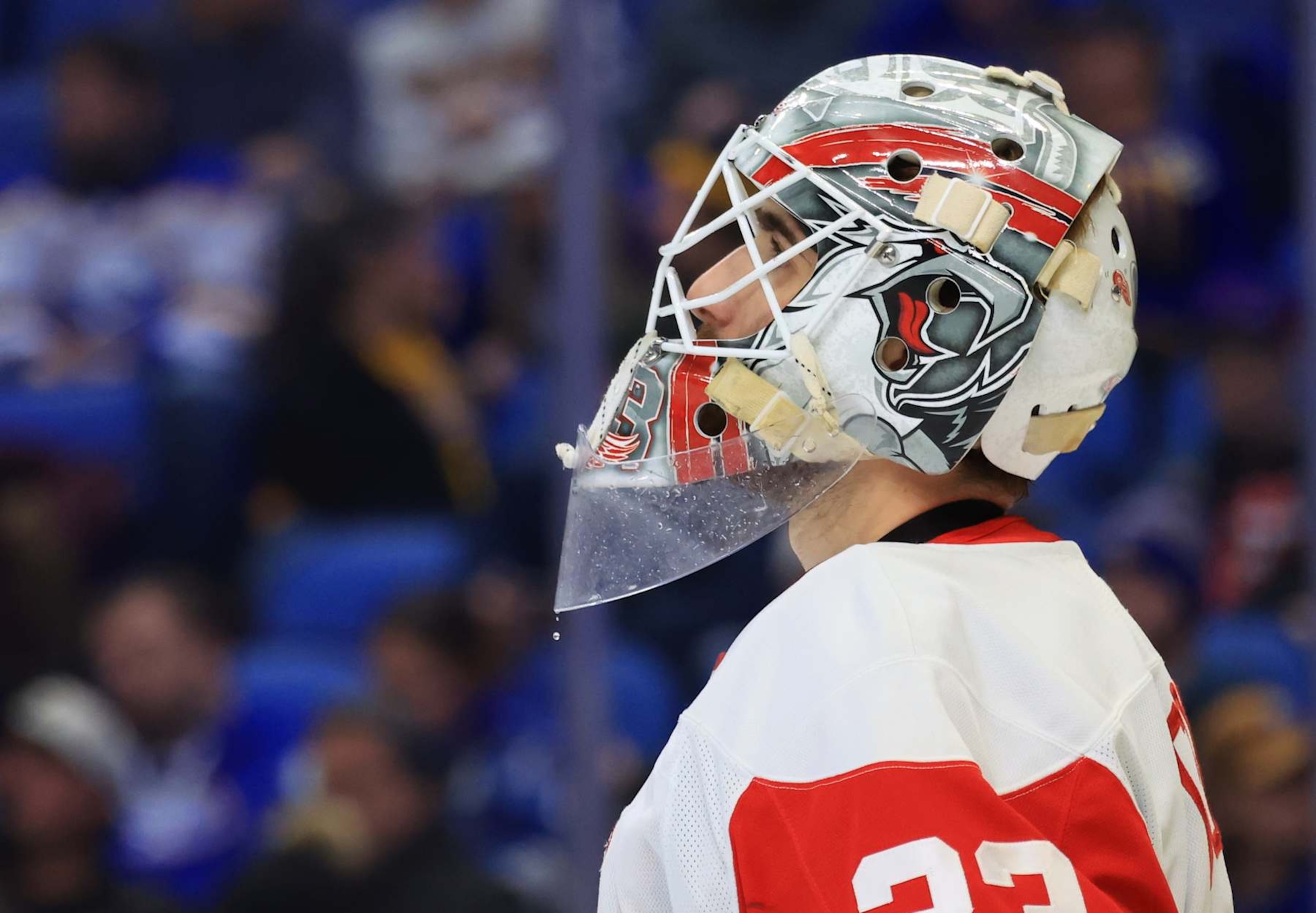 BUFFALO, NEW YORK - DECEMBER 9: Sebastian Cossa #33 of the Detroit Red Wings tends goal during an NHL game against the Buffalo Sabres on December 9, 2024 at KeyBank Center in Buffalo, New York. (Photo by Bill Wippert/NHLI via Getty Images) BUFFALO, NEW YORK - DECEMBER 9: Sebastian Cossa #33 of the Detroit Red Wings tends goal during an NHL game against the Buffalo Sabres on December 9, 2024 at KeyBank Center in Buffalo, New York. (Photo by Bill Wippert/NHLI via Getty Images)