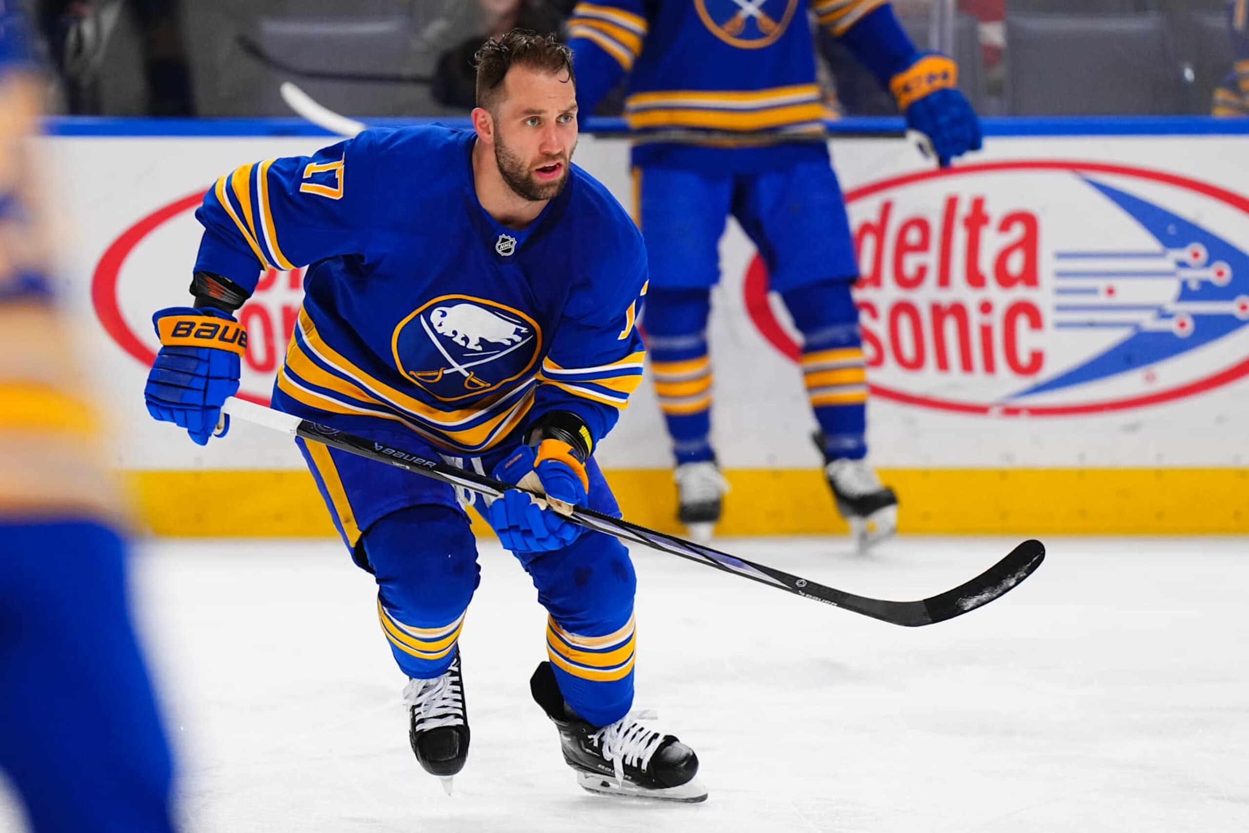 BUFFALO, NEW YORK - DECEMBER 9: Jason Zucker #17 of the Buffalo Sabres skates during warm-up before an NHL game against the Detroit Red Wings on December 9, 2024 at KeyBank Center in Buffalo, New York. (Photo by Chris Conaway Jr./NHLI via Getty Images) BUFFALO, NEW YORK - DECEMBER 9: Jason Zucker #17 of the Buffalo Sabres skates during warm-up before an NHL game against the Detroit Red Wings on December 9, 2024 at KeyBank Center in Buffalo, New York. (Photo by Chris Conaway Jr./NHLI via Getty Images)