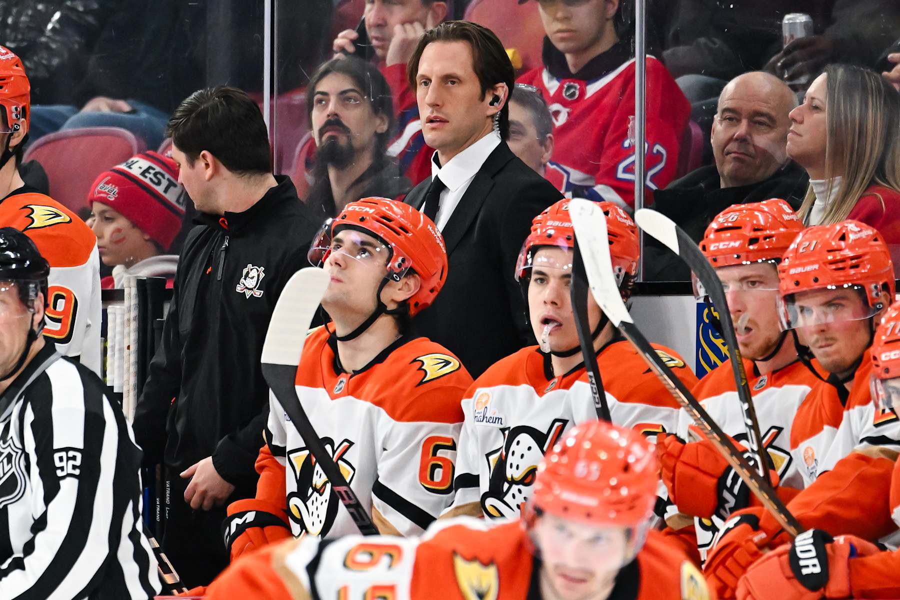 MONTREAL, CANADA - DECEMBER 09:  Assistant coach Richard Clune of the Anaheim Ducks handles bench duties during the second period against the Montreal Canadiens at the Bell Centre on December 9, 2024 in Montreal, Quebec, Canada.  The Montreal Canadiens defeated the Anaheim Ducks 3-2 in a shootout.  (Photo by Minas Panagiotakis/Getty Images)