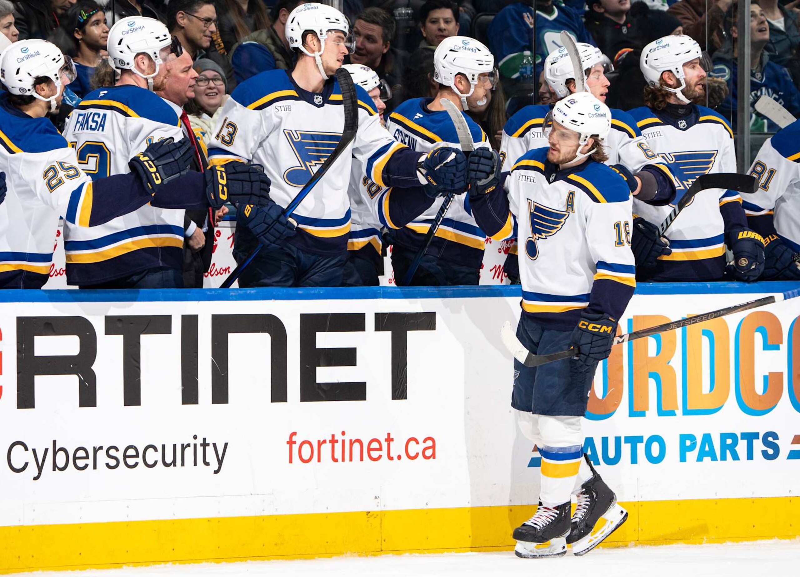 VANCOUVER, CANADA - DECEMBER 10: Robert Thomas #18 of the St. Louis Blues celebrates his goal with teammates during the first period of their NHL game against the Vancouver Canucks at Rogers Arena on December 10, 2024 in Vancouver, British Columbia, Canada. (Photo by Jeff Vinnick/NHLI via Getty Images) VANCOUVER, CANADA - DECEMBER 10: Robert Thomas #18 of the St. Louis Blues celebrates his goal with teammates during the first period of their NHL game against the Vancouver Canucks at Rogers Arena on December 10, 2024 in Vancouver, British Columbia, Canada. (Photo by Jeff Vinnick/NHLI via Getty Images)