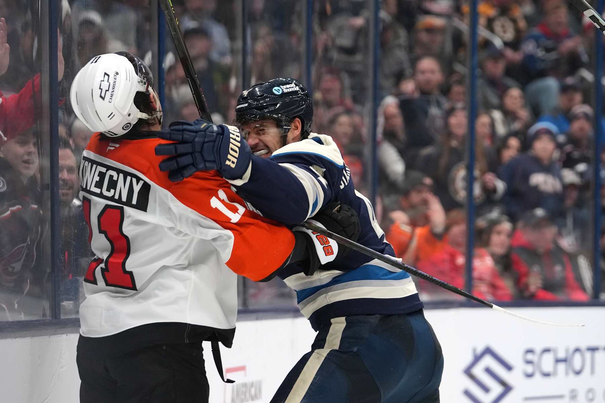 COLUMBUS, OHIO - DECEMBER 10: Cole Sillinger #4 of the Columbus Blue Jackets scrums with Travis Konecny #11 of the Philadelphia Flyers during the third period at Nationwide Arena on December 10, 2024 in Columbus, Ohio. (Photo by Jason Mowry/Getty Images) COLUMBUS, OHIO - DECEMBER 10: Cole Sillinger #4 of the Columbus Blue Jackets scrums with Travis Konecny #11 of the Philadelphia Flyers during the third period at Nationwide Arena on December 10, 2024 in Columbus, Ohio. (Photo by Jason Mowry/Getty Images)