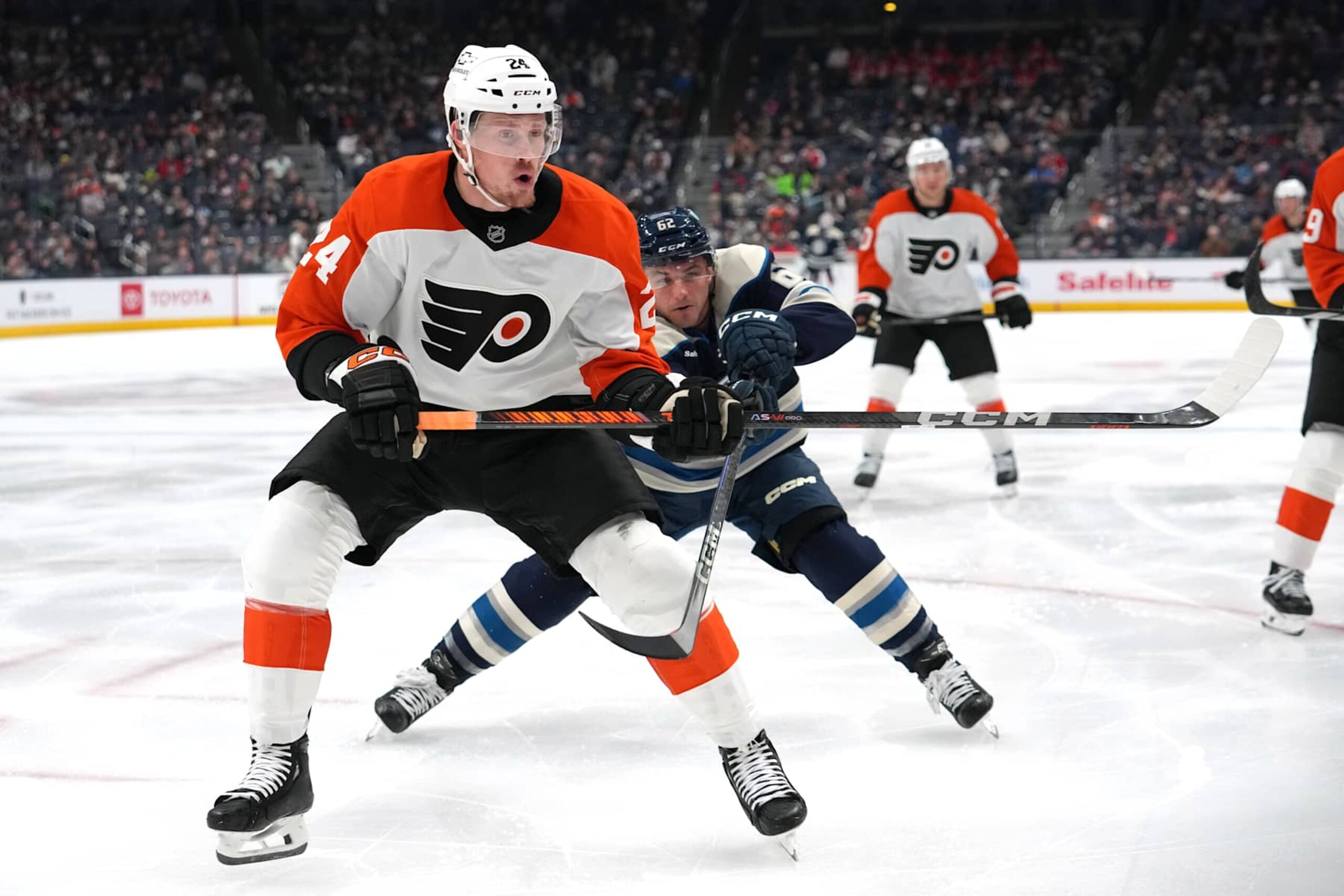 COLUMBUS, OHIO - DECEMBER 10: Nick Seeler #24 of the Philadelphia Flyers skates against Kevin Labanc #62 of the Columbus Blue Jackets during the second period at Nationwide Arena on December 10, 2024 in Columbus, Ohio. (Photo by Jason Mowry/Getty Images) COLUMBUS, OHIO - DECEMBER 10: Nick Seeler #24 of the Philadelphia Flyers skates against Kevin Labanc #62 of the Columbus Blue Jackets during the second period at Nationwide Arena on December 10, 2024 in Columbus, Ohio. (Photo by Jason Mowry/Getty Images)