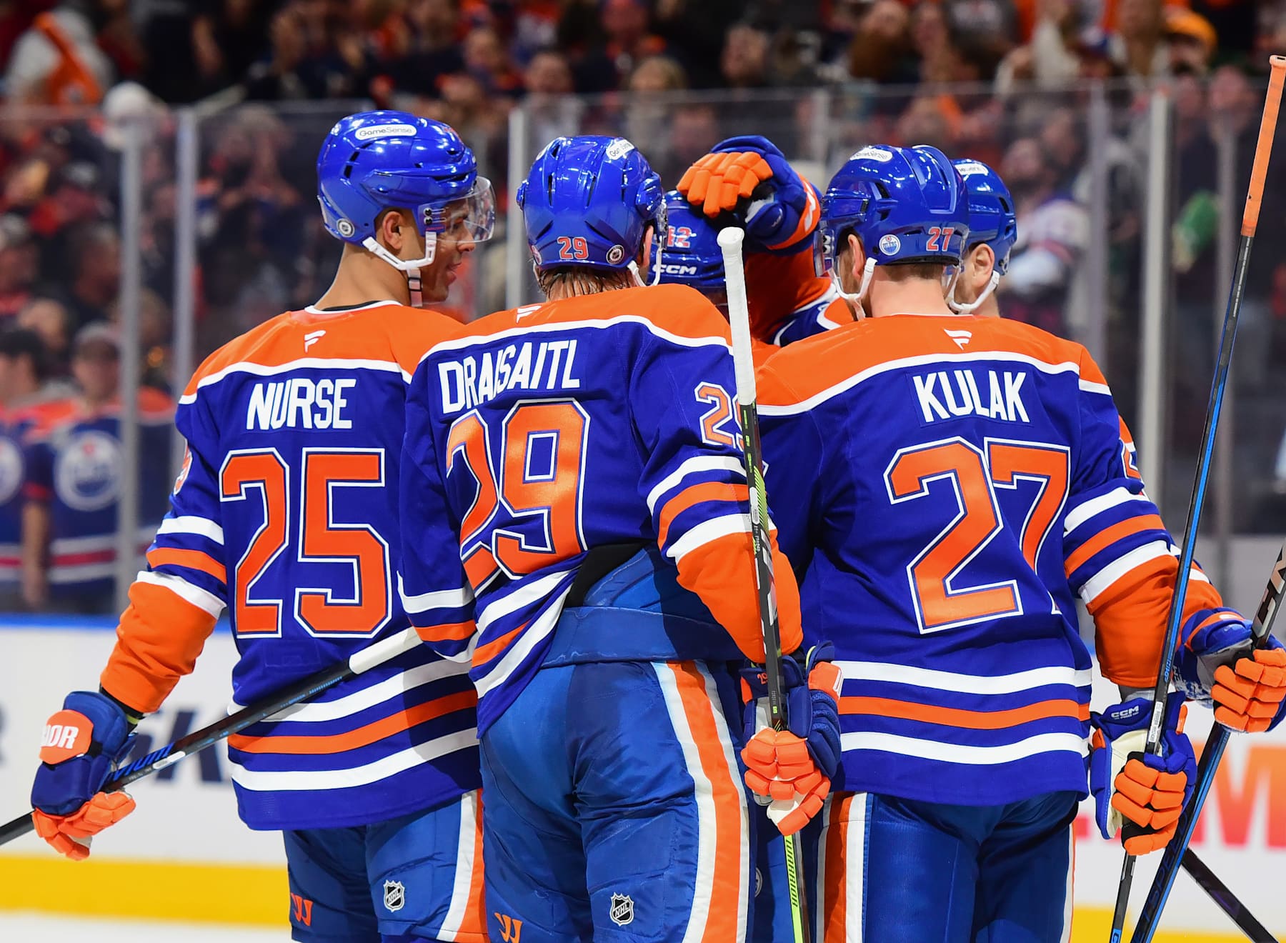 EDMONTON, CANADA - DECEMBER 10: Darnell Nurse #25, Leon Draisaitl #29, Brett Kulak #27, Kasperi Kapanen #42 and Vasily Podkolzin #92 of the Edmonton Oilers celebrate a second-period goal against the Tampa Bay Lightning during the game at Rogers Place on December 10, 2024, in Edmonton, Alberta, Canada. (Photo by Leila Devlin/Getty Images)