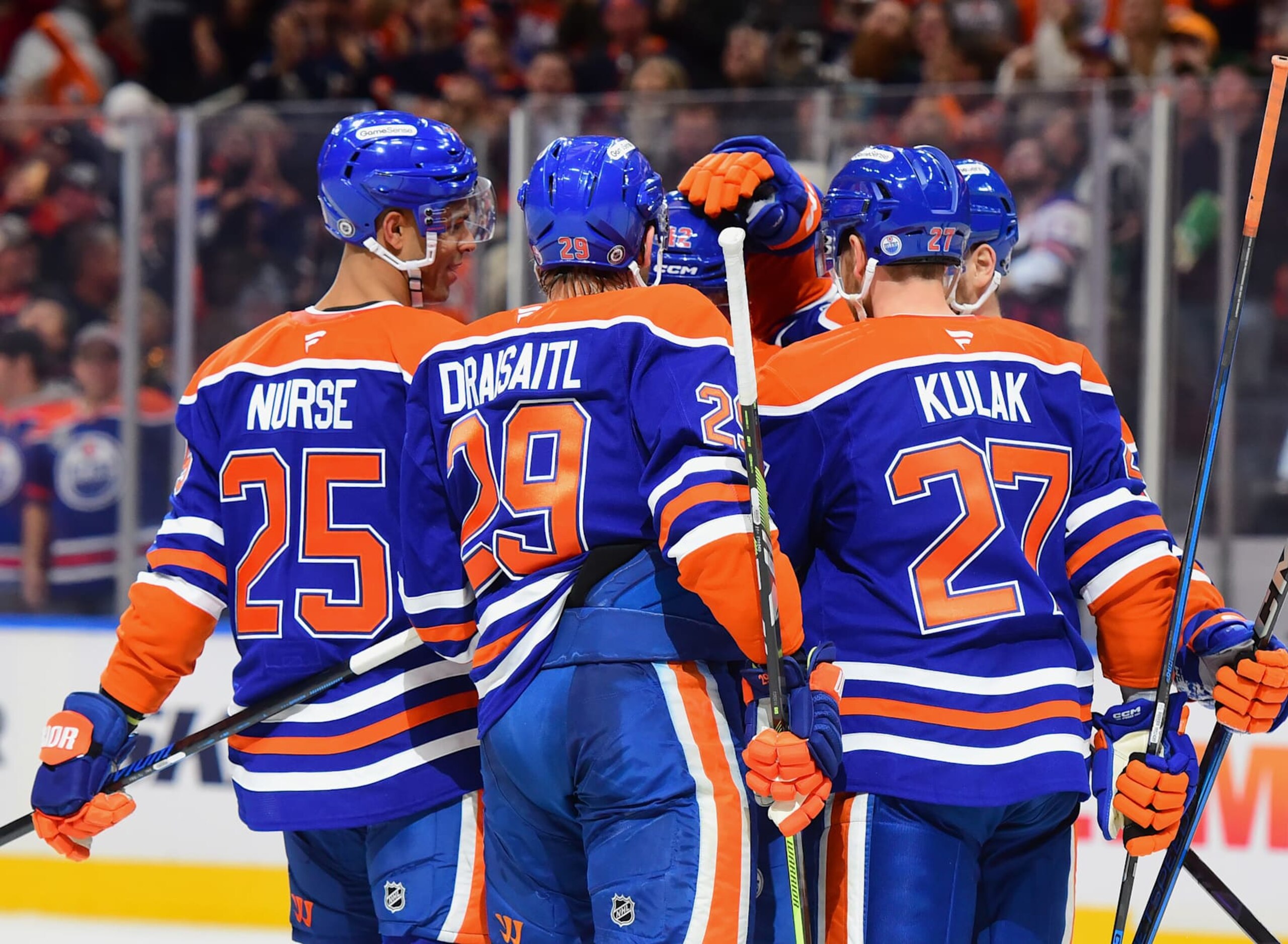 EDMONTON, CANADA - DECEMBER 10: Darnell Nurse #25, Leon Draisaitl #29, Brett Kulak #27, Kasperi Kapanen #42 and Vasily Podkolzin #92 of the Edmonton Oilers celebrate a second-period goal against the Tampa Bay Lightning during the game at Rogers Place on December 10, 2024, in Edmonton, Alberta, Canada. (Photo by Leila Devlin/Getty Images) EDMONTON, CANADA - DECEMBER 10: Darnell Nurse #25, Leon Draisaitl #29, Brett Kulak #27, Kasperi Kapanen #42 and Vasily Podkolzin #92 of the Edmonton Oilers celebrate a second-period goal against the Tampa Bay Lightning during the game at Rogers Place on December 10, 2024, in Edmonton, Alberta, Canada. (Photo by Leila Devlin/Getty Images)