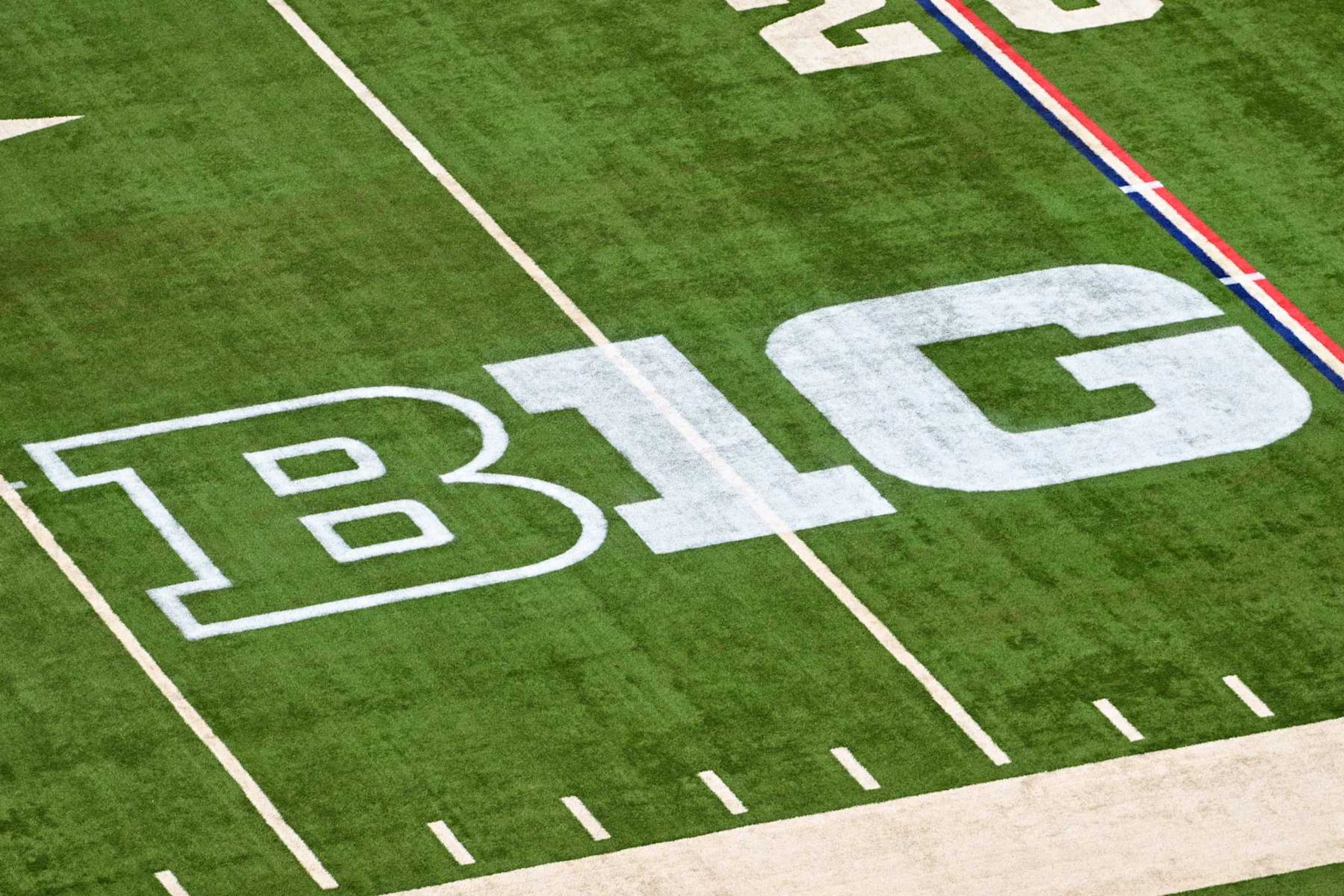 INDIANAPOLIS, IN - DECEMBER 07: The Big Ten conference logo on the field prior to the Big Ten Championship football game between the Penn State Nittany Lions and the Oregon Ducks on December 7, 2024 at Lucas Oil Stadium in Indianapolis, IN (Photo by James Black/Icon Sportswire via Getty Images)