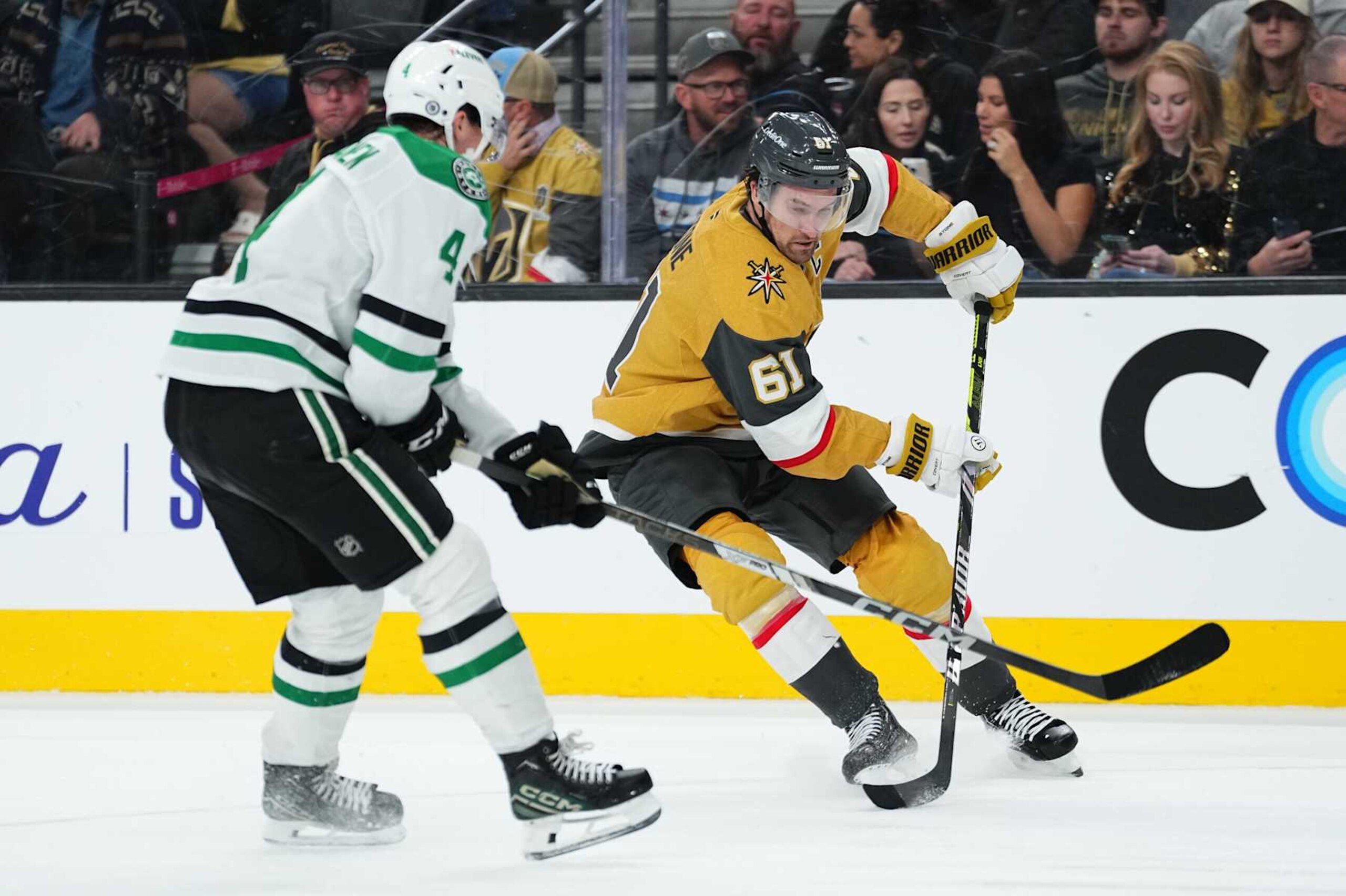 LAS VEGAS, NEVADA - DECEMBER 06: Mark Stone #61 of the Vegas Golden Knights skates against Miro Heiskanen #4 of the Dallas Stars during the third period at T-Mobile Arena on December 06, 2024 in Las Vegas, Nevada. (Photo by Jeff Bottari/NHLI via Getty Images) LAS VEGAS, NEVADA - DECEMBER 06: Mark Stone #61 of the Vegas Golden Knights skates against Miro Heiskanen #4 of the Dallas Stars during the third period at T-Mobile Arena on December 06, 2024 in Las Vegas, Nevada. (Photo by Jeff Bottari/NHLI via Getty Images)