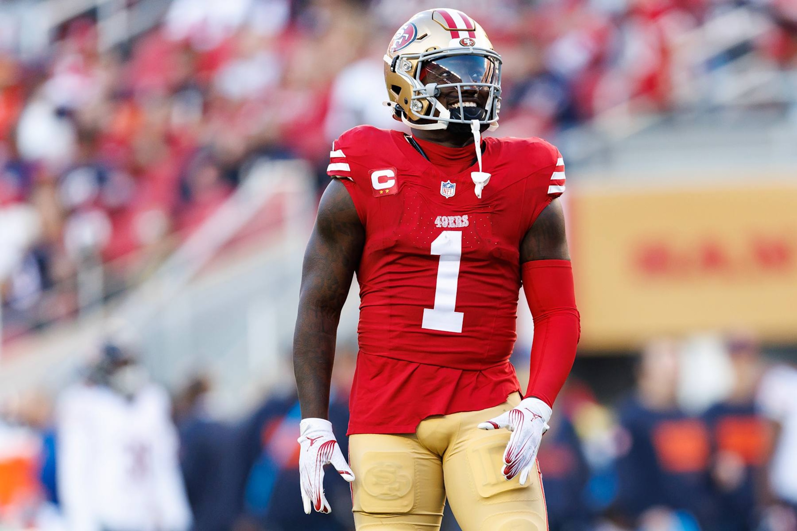 SANTA CLARA, CALIFORNIA - DECEMBER 8: Wide receiver Deebo Samuel Sr. #1 of the San Francisco 49ers stands on the field during the second half of an NFL football game against the Chicago Bears, at Levi's Stadium on December 8, 2024 in Santa Clara, California. (Photo by Brooke Sutton/Getty Images)