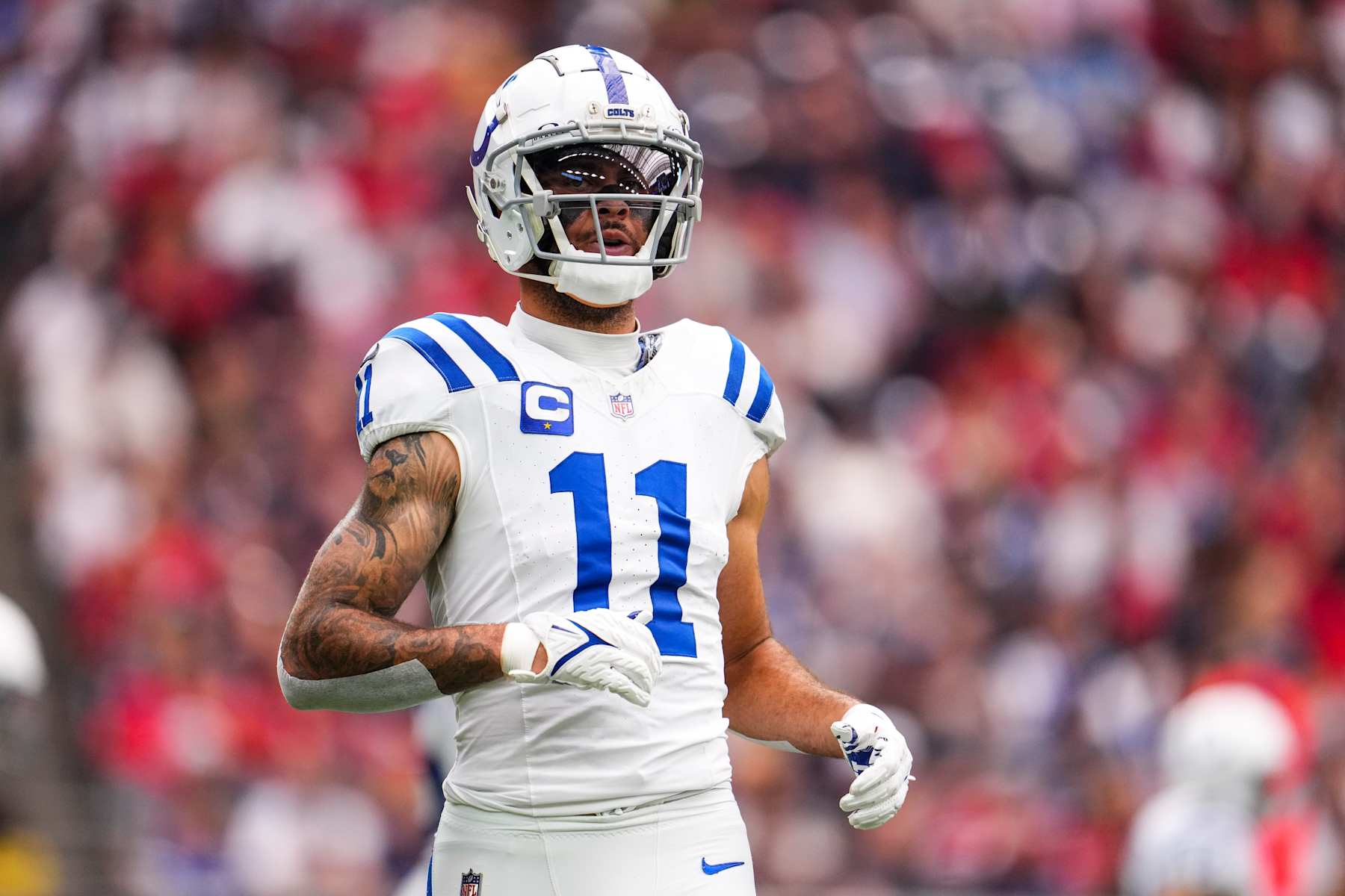 HOUSTON, TX - OCTOBER 27: Michael Pittman Jr. #11 of the Indianapolis Colts looks on from the field during an NFL football game against the Houston Texans at NRG Stadium on October 27, 2024 in Houston, Texas. (Photo by Cooper Neill/Getty Images) HOUSTON, TX - OCTOBER 27: Michael Pittman Jr. #11 of the Indianapolis Colts looks on from the field during an NFL football game against the Houston Texans at NRG Stadium on October 27, 2024 in Houston, Texas. (Photo by Cooper Neill/Getty Images)