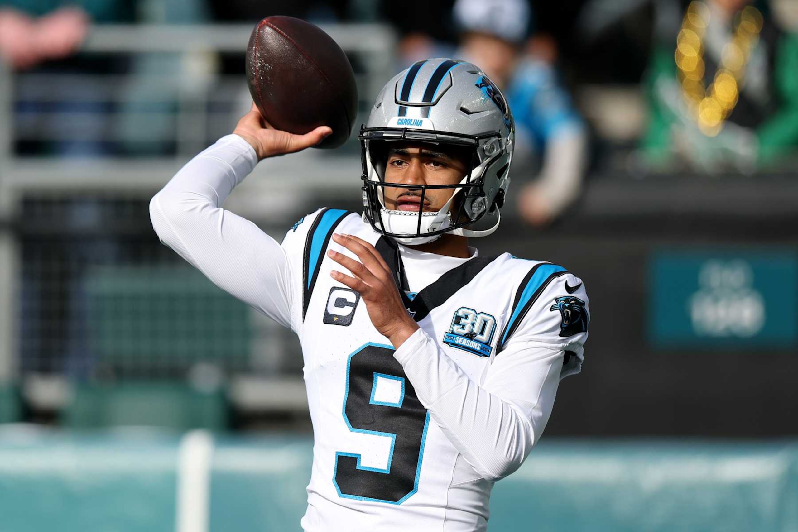 PHILADELPHIA, PENNSYLVANIA - DECEMBER 08: Bryce Young #9 of the Carolina Panthers warms up before a game against the Philadelphia Eagles at Lincoln Financial Field on December 08, 2024 in Philadelphia, Pennsylvania. (Photo by Emilee Chinn/Getty Images)