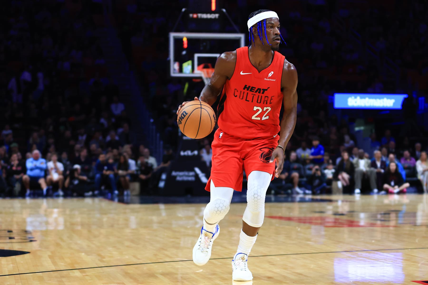 MIAMI, FLORIDA - DECEMBER 08: Jimmy Butler #22 of the Miami Heat dribbles the ball against the Cleveland Cavaliers during the first quarter of the game at Kaseya Center on December 08, 2024 in Miami, Florida. NOTE TO USER: User expressly acknowledges and agrees that, by downloading and or using this photograph, User is consenting to the terms and conditions of the Getty Images License Agreement. (Photo by Megan Briggs/Getty Images)