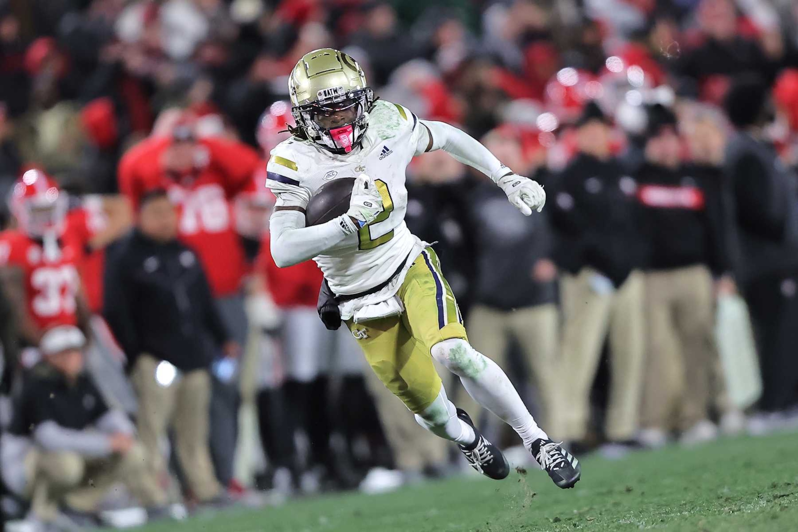 ATHENS, GA - NOVEMBER 29: Georgia Tech Yellow Jackets wide receiver Eric Singleton, Jr. #2 during the Friday evening college football game between the Georgia Bulldogs and the Georgia Tech Yellow Jackets on November 29, 2024 on Dooley Field at Sanford Stadium in Athens, Georgia.  (Photo by David J. Griffin/Icon Sportswire via Getty Images)