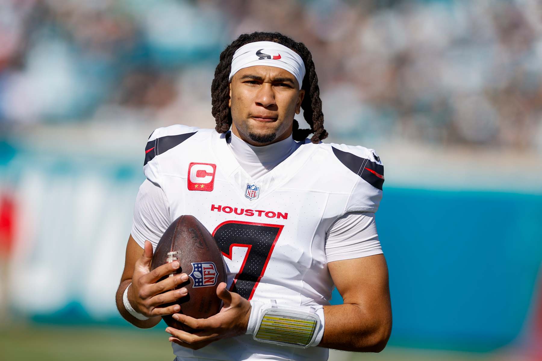 JACKSONVILLE, FL - DECEMBER 01: Houston Texans quarterback C.J. Stroud (7) looks on before the game between the Jacksonville Jaguars and the Houston Texans on December 1, 2024 at EverBank Stadium in Jacksonville, Fl. (Photo by David Rosenblum/Icon Sportswire via Getty Images)