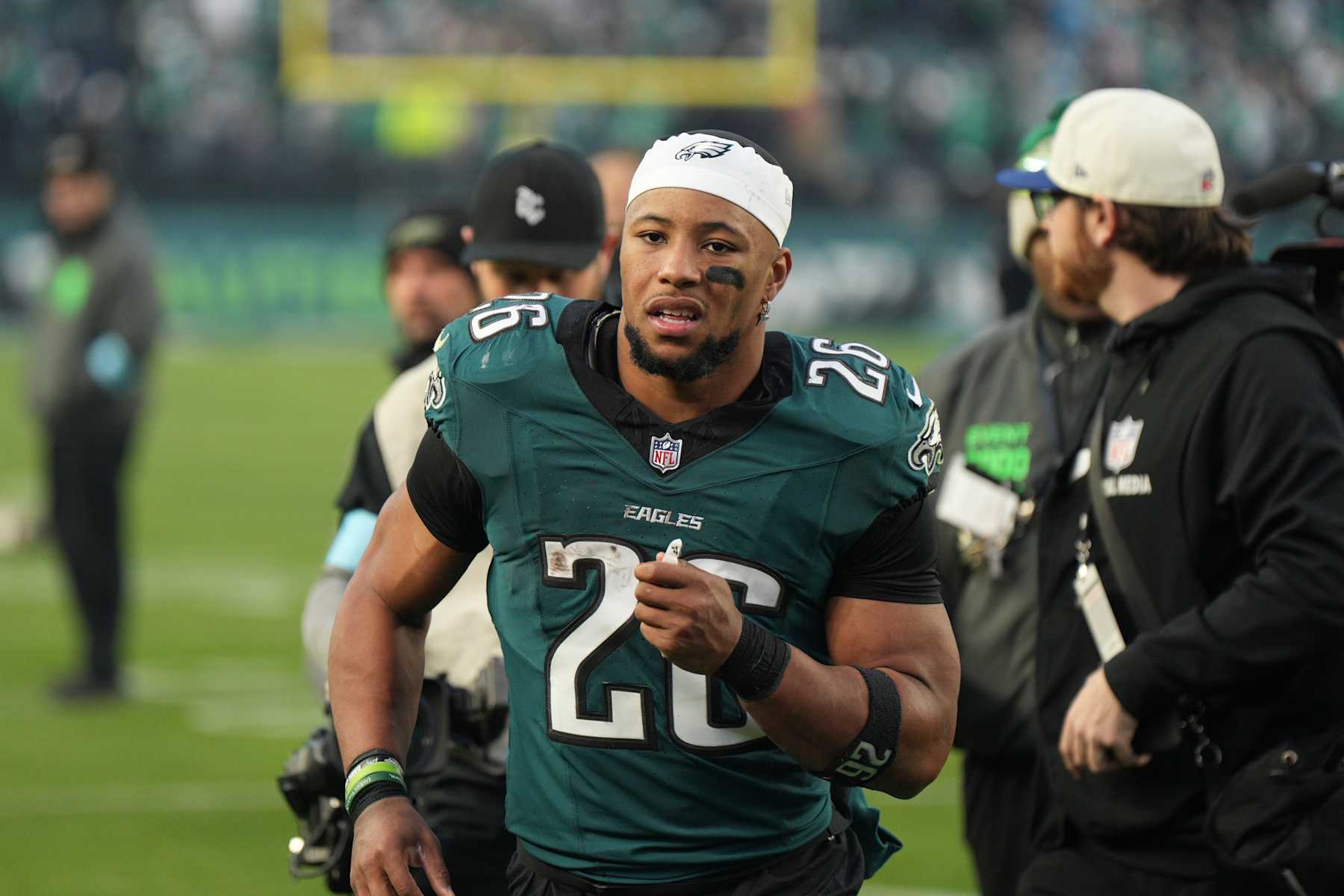 PHILADELPHIA, PA - DECEMBER 08: Philadelphia Eagles running back Saquon Barkley (26) looks on during the game between the Philadelphia Eagles and the Carolina Panthers on December 08, 2024 at Lincoln Financial Field in Philadelphia, PA. (Photo by Andy Lewis/Icon Sportswire via Getty Images)