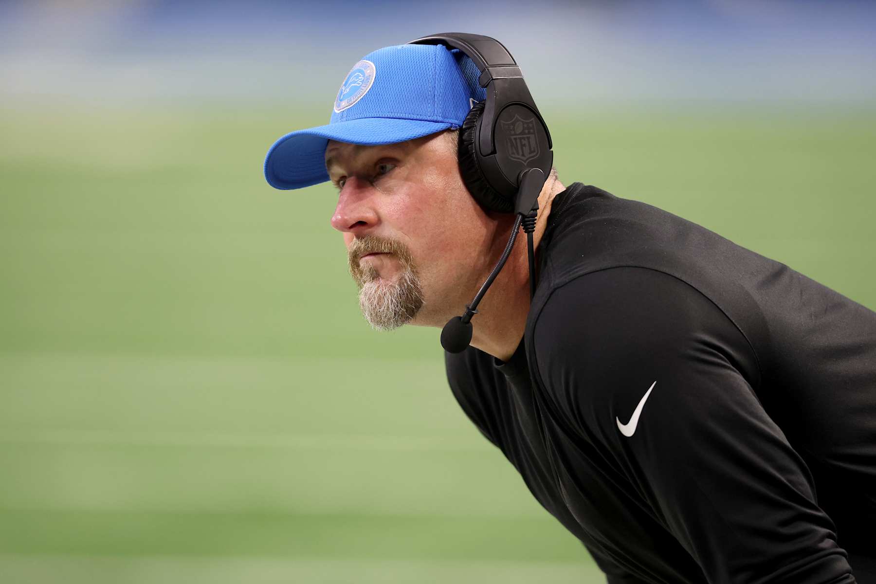 DETROIT, MICHIGAN - DECEMBER 05: Head coach Dan Campbell of the Detroit Lions looks on against the Green Bay Packers during the first quarter in the game at Ford Field on December 05, 2024 in Detroit, Michigan. (Photo by Gregory Shamus/Getty Images)