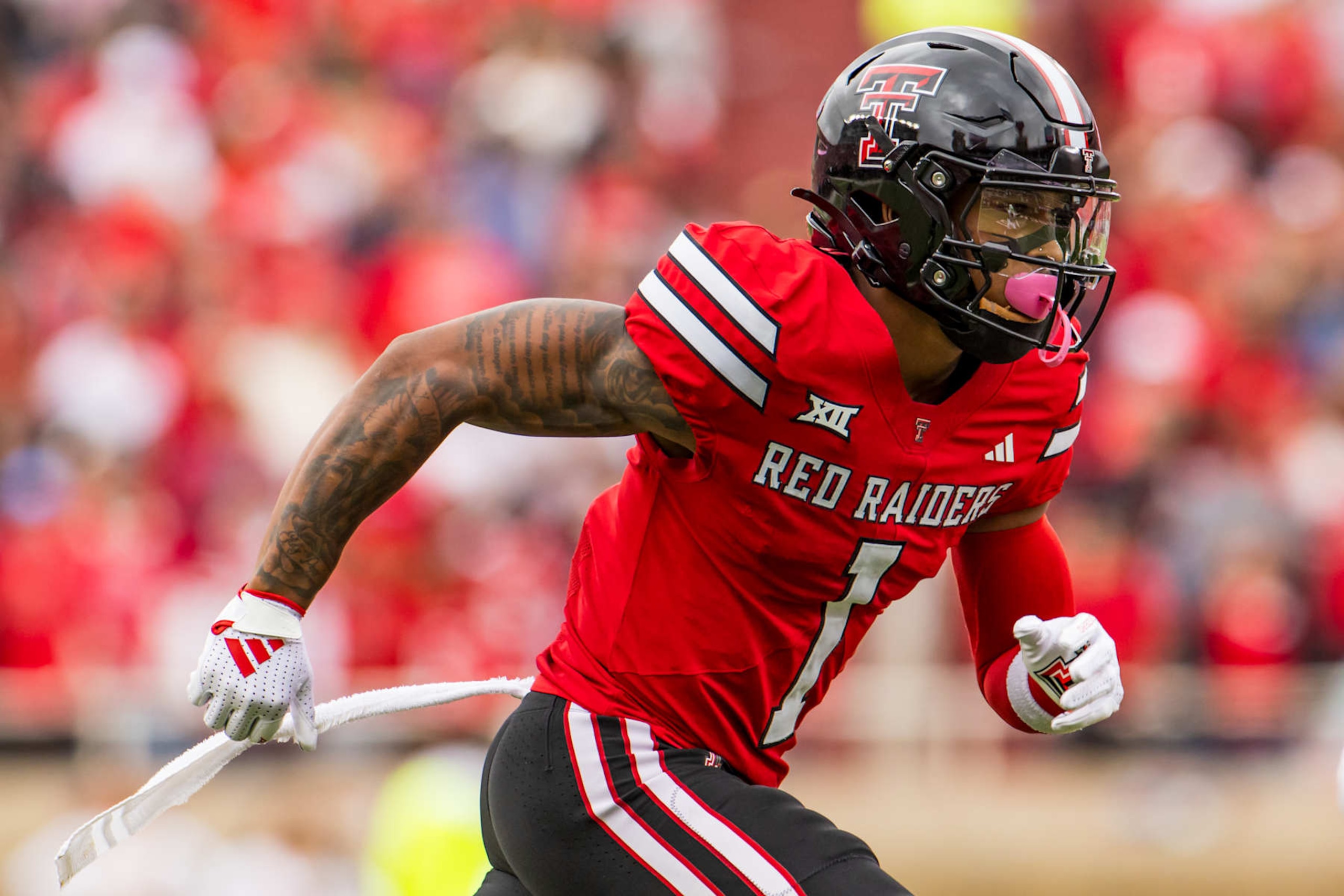 LUBBOCK, TEXAS - OCTOBER 19: Micah Hudson #1 of the Texas Tech Red Raiders runs a route during the first half of the game against the Baylor Bears at Jones AT&T Stadium on October 19, 2024 in Lubbock, Texas.  (Photo by John E. Moore III/Getty Images)