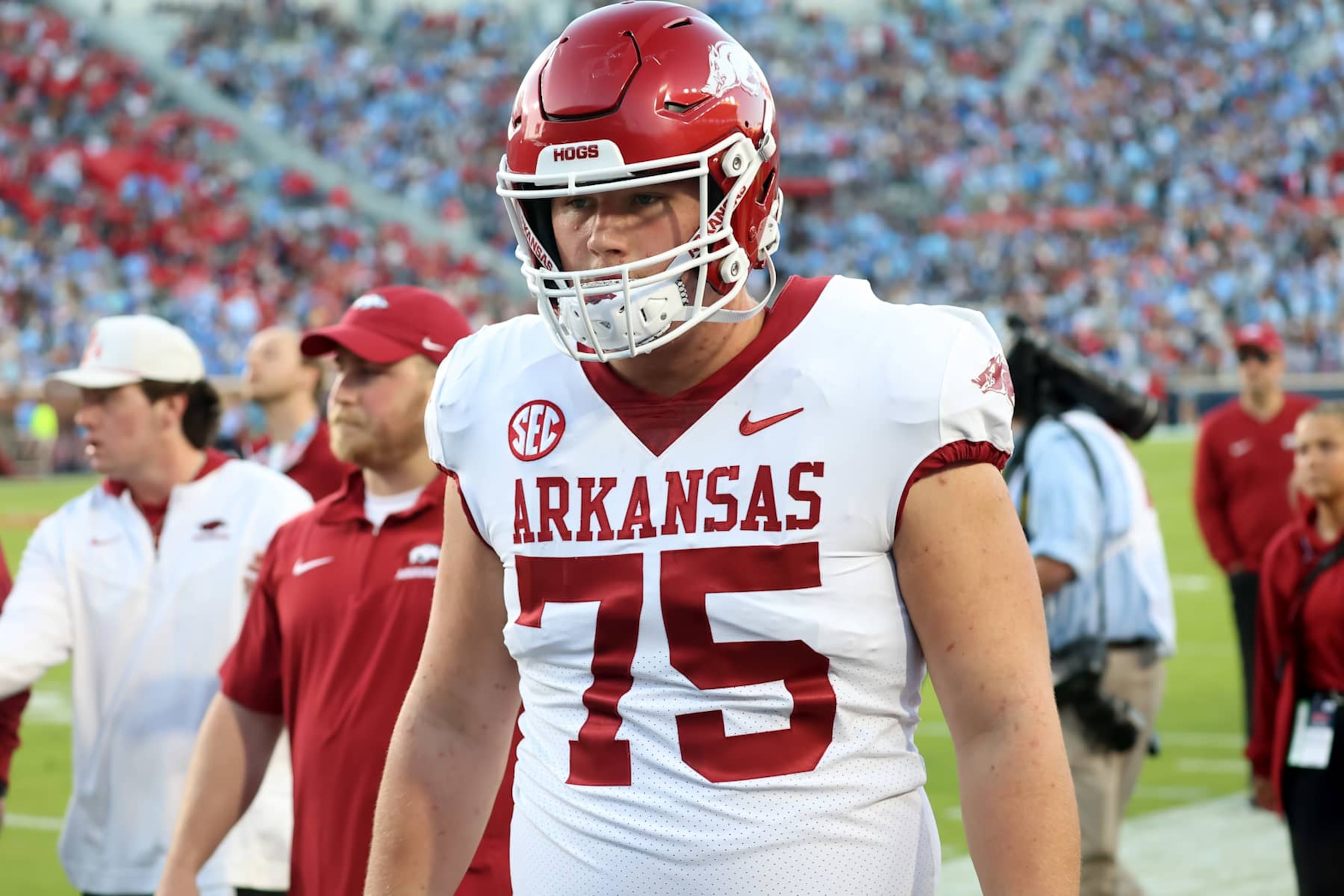 OXFORD, MS - OCTOBER 07:  Arkansas Razorbacks offensive lineman Patrick Kutas (75) during the game between the Ole Miss Rebels and the Arkansas Razorbacks on October 7, 2023 at Vaught-Hemingway Stadium in Oxford, Mississippi.  (Photo by Michael Wade/Icon Sportswire via Getty Images)