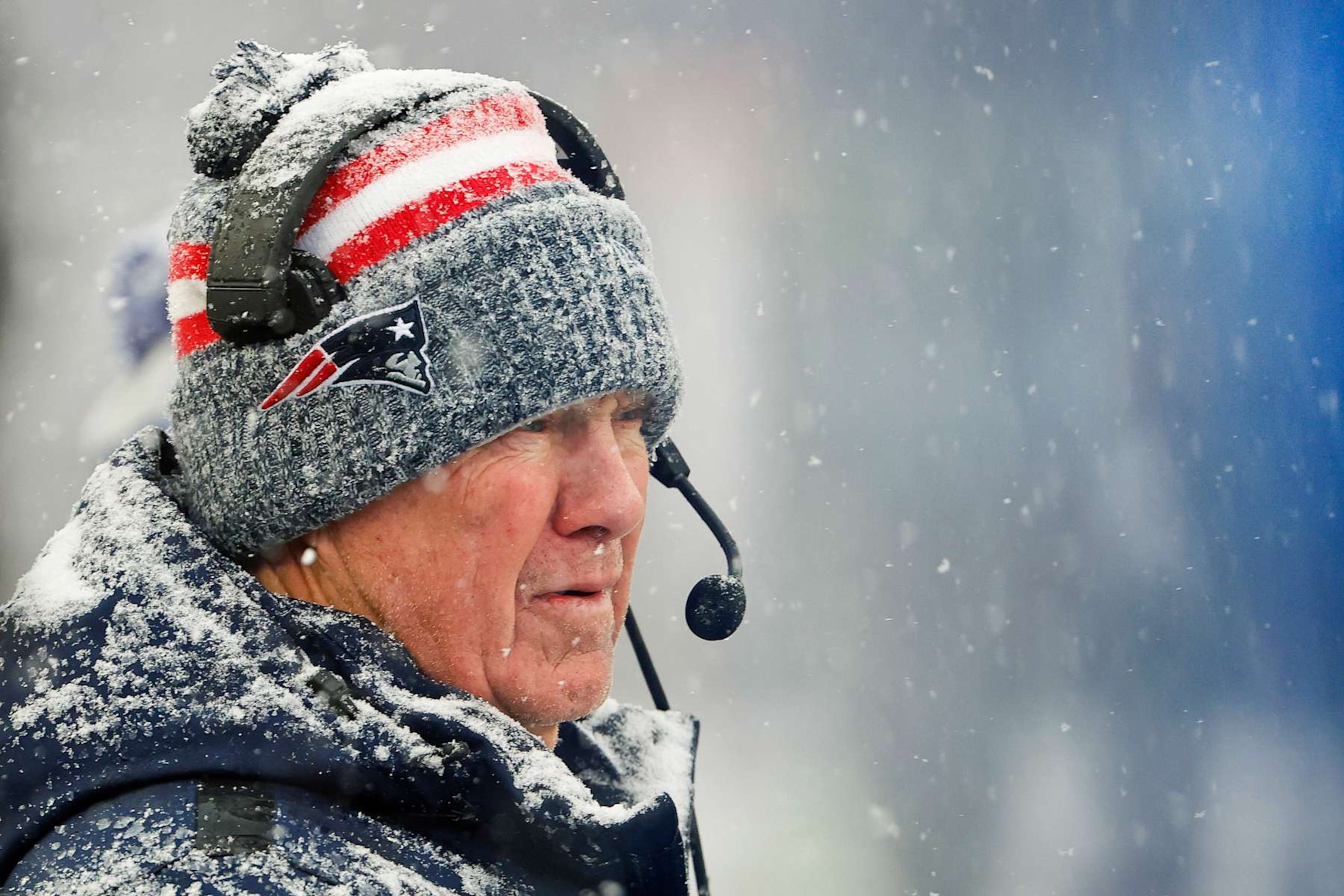 FOXBOROUGH, MA - JANUARY 7: Head coach Bill Belichick of the New England Patriots along the sidelines during their game against the New York Jets at Gillette Stadium on January 7, 2024 in Foxborough, Massachusetts.(Photo By Winslow Townson/Getty Images)