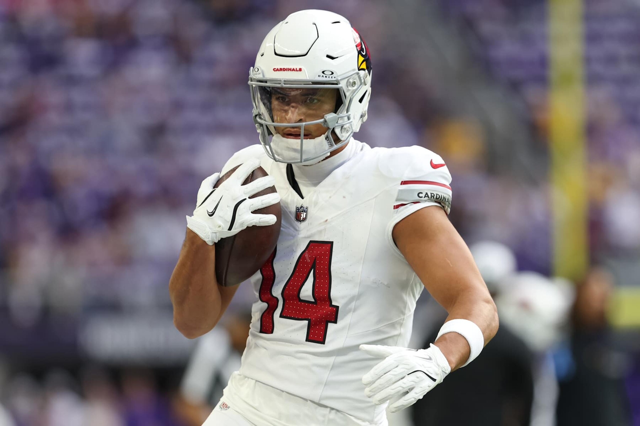 MINNEAPOLIS, MN - DECEMBER 01: Arizona Cardinals wide receiver Michael Wilson (14) warms up before the NFL game between the Arizona Cardinals and the Minnesota Vikings on December 1st, 2024, at U.S. Bank Stadium in Minneapolis, MN. (Photo by Bailey Hillesheim/Icon Sportswire via Getty Images)