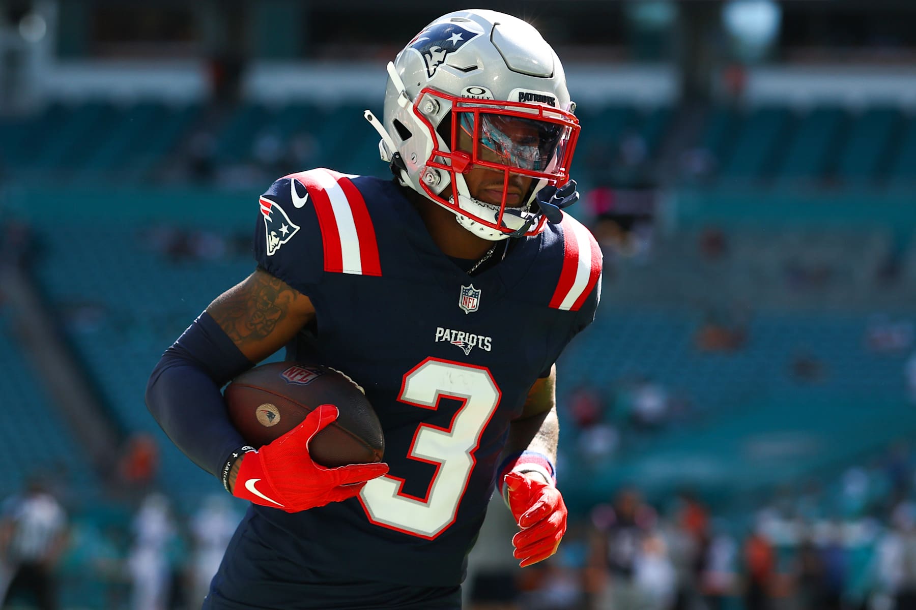 MIAMI GARDENS, FLORIDA - NOVEMBER 24: DeMario Douglas #3 of the New England Patriots warms up prior to playing the Miami Dolphins at Hard Rock Stadium on November 24, 2024 in Miami Gardens, Florida. (Photo by Megan Briggs/Getty Images)