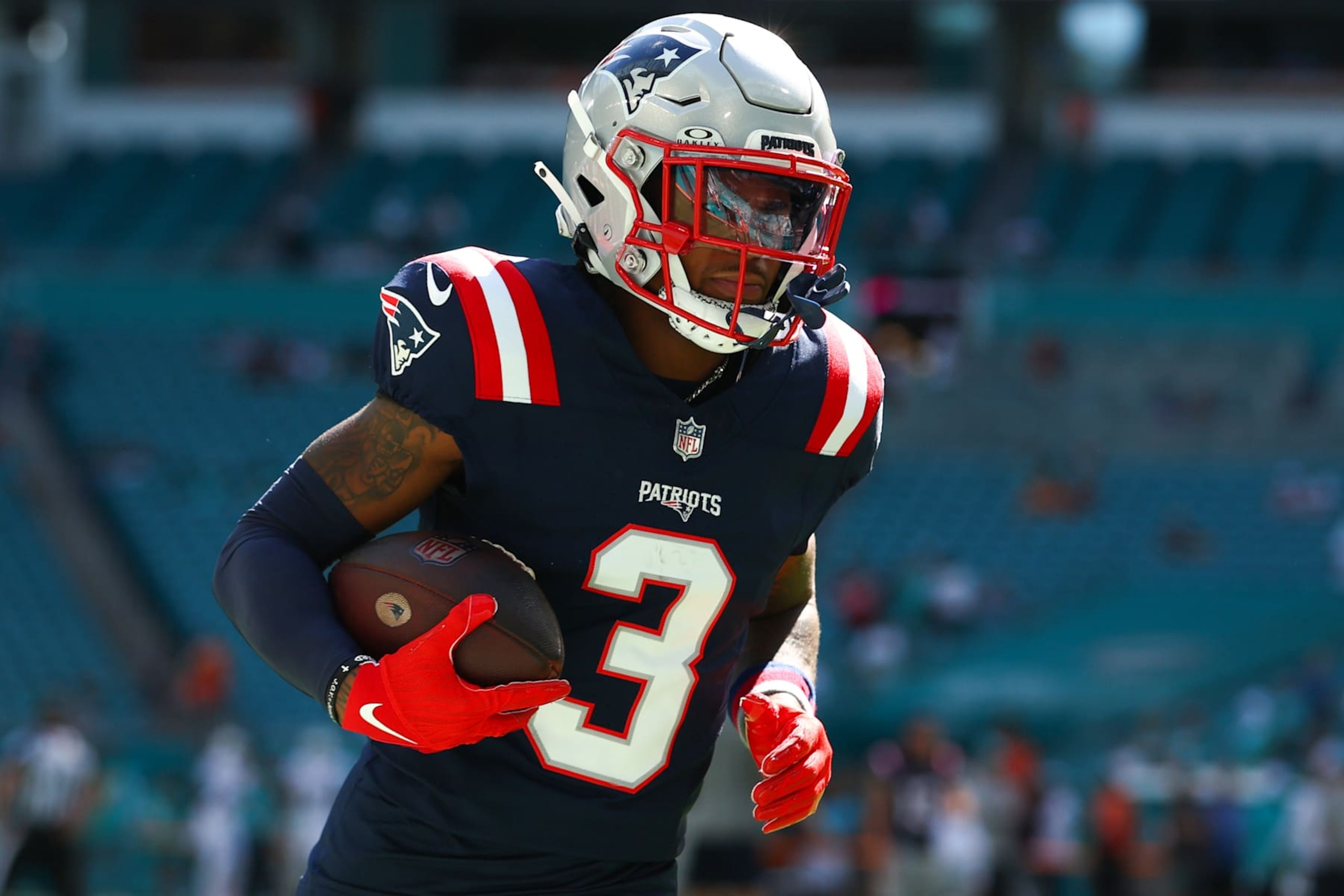 MIAMI GARDENS, FLORIDA - NOVEMBER 24: DeMario Douglas #3 of the New England Patriots warms up prior to playing the Miami Dolphins at Hard Rock Stadium on November 24, 2024 in Miami Gardens, Florida. (Photo by Megan Briggs/Getty Images)
